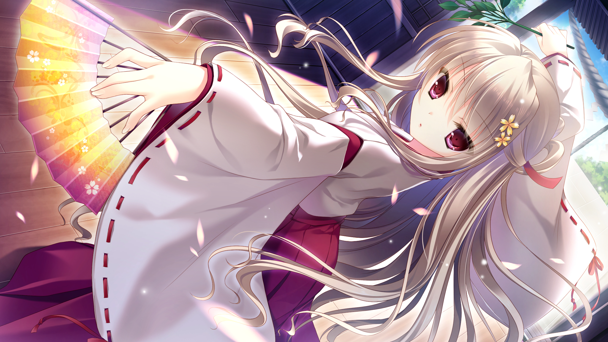 Nasuhara Hinagiku Anime Video Game White Hair Fan Long Hair Red Eyes Kimono 2048x1152