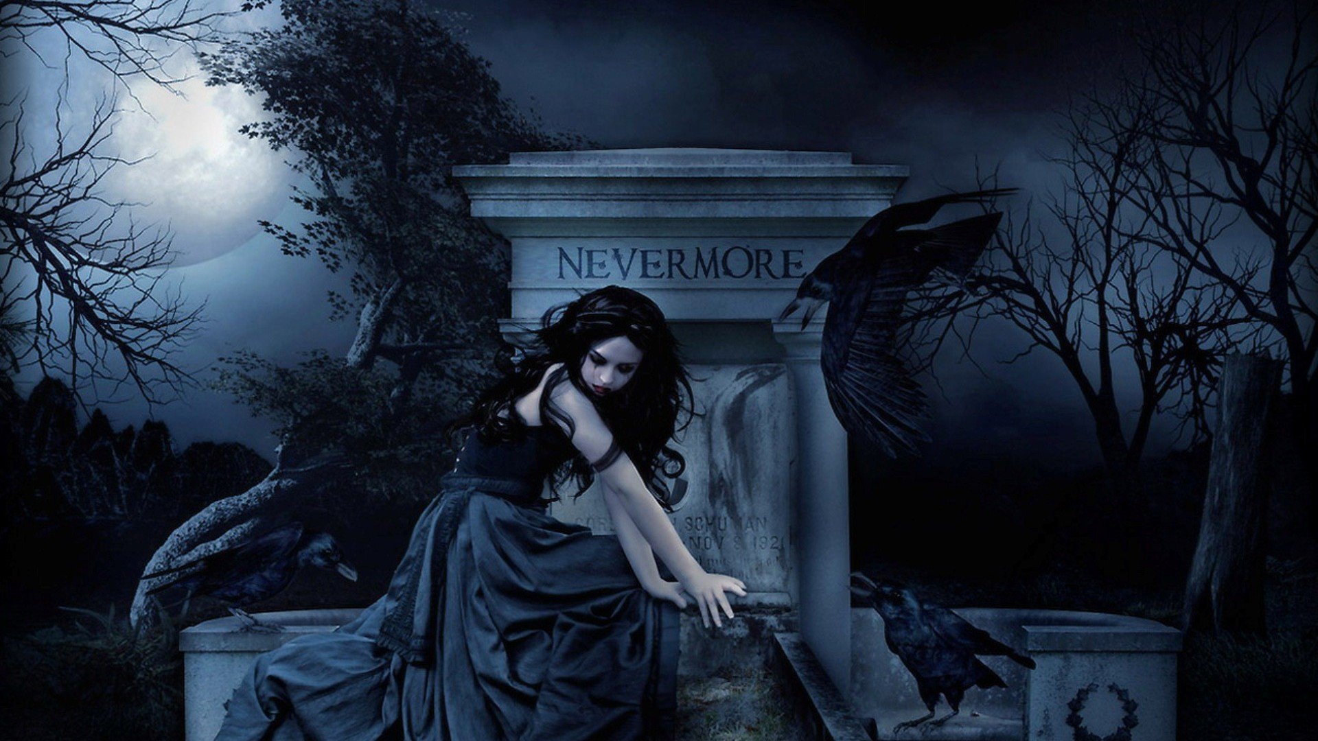 Black Hair Dark Fantasy Gothic Gravestone Moon Raven Woman 1920x1080