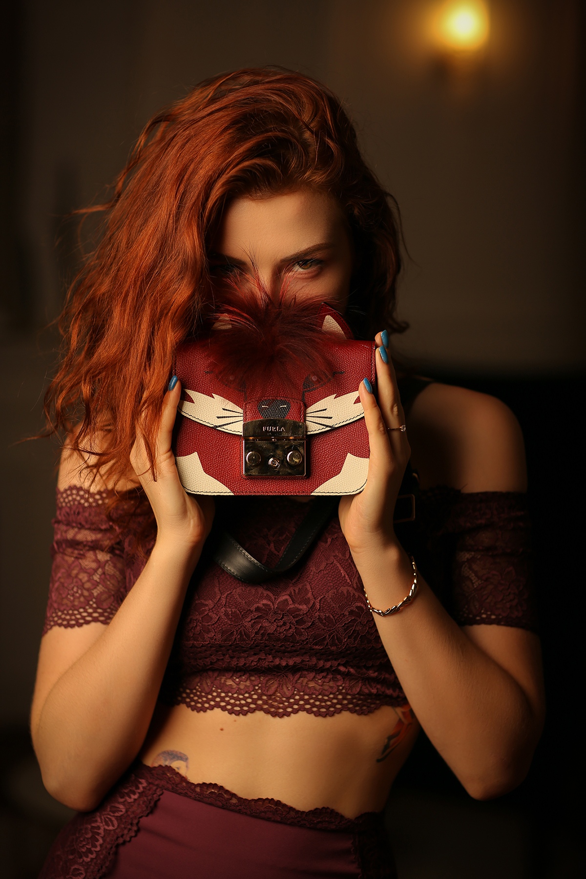 Inga Sunagatullina Model Women Redhead Handbags Looking At Viewer Blue Nails 1200x1800