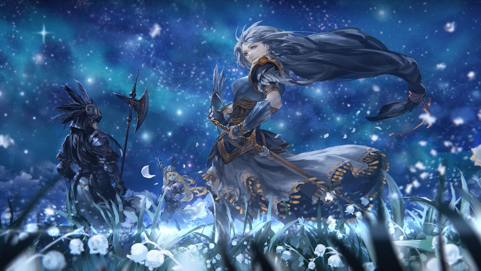 Girl Armor Black Hair Flower White Hair Hrist Valkyrie Lenneth Valkyrie Long Hair Night Silmeria Val 1920x1080