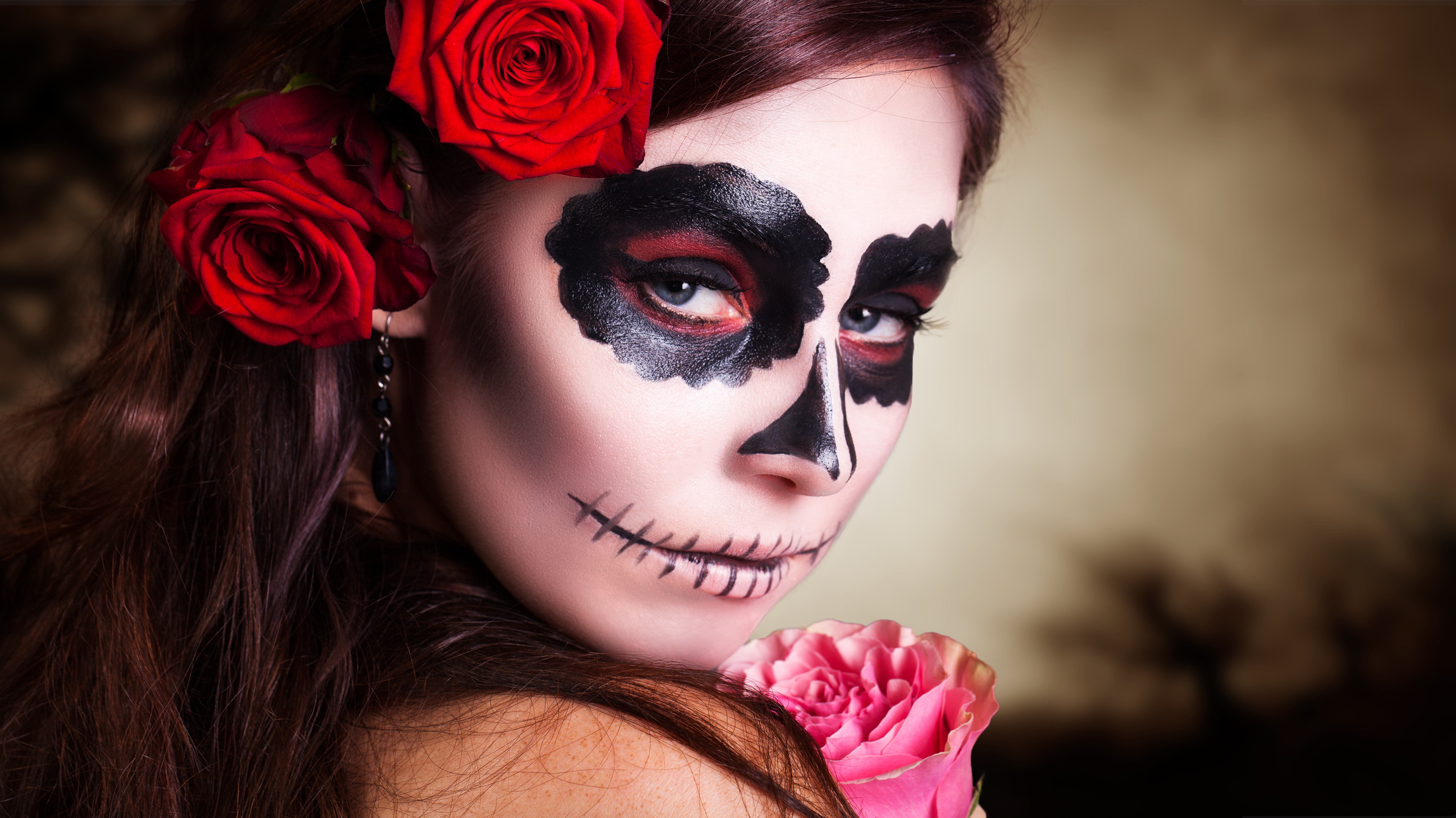 Blue Eyes Brunette Day Of The Dead Face Flower Girl Makeup Red Rose Rose Sugar Skull Woman 6000x3375