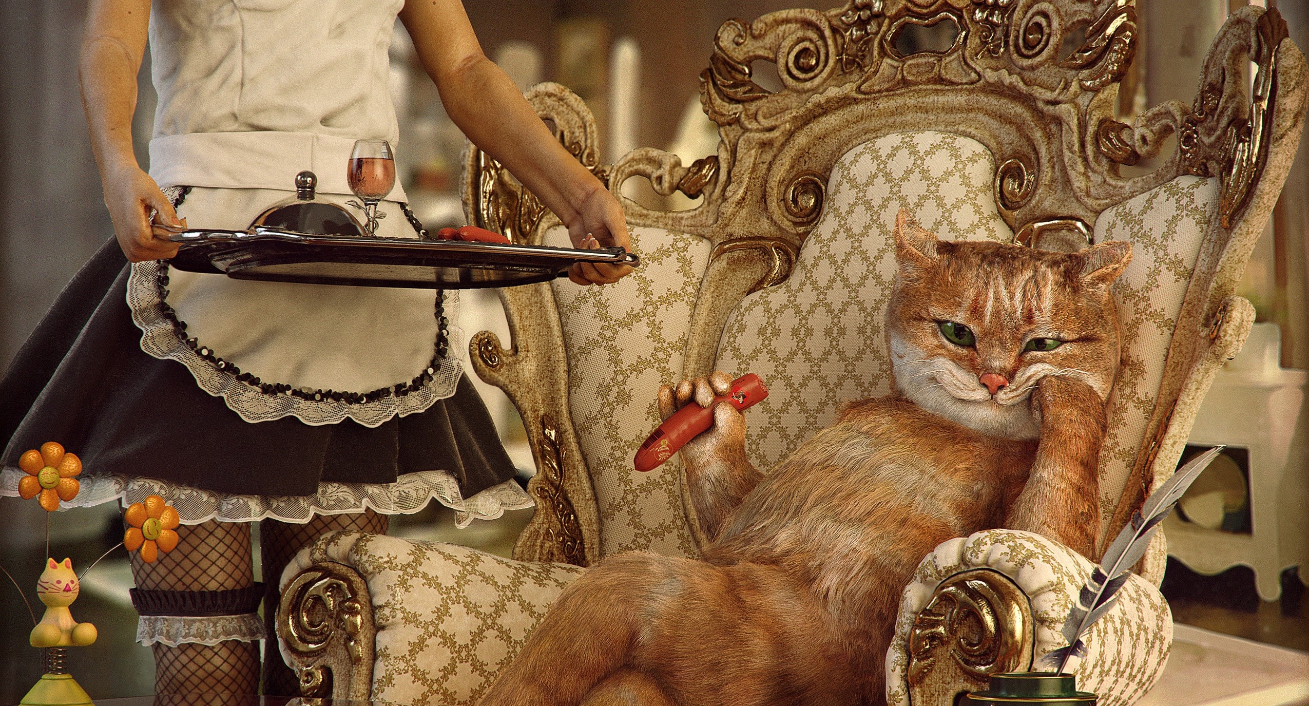 Artistic Cat Chair Drink Fantasy Fishnet Humor Maid 2550x1375