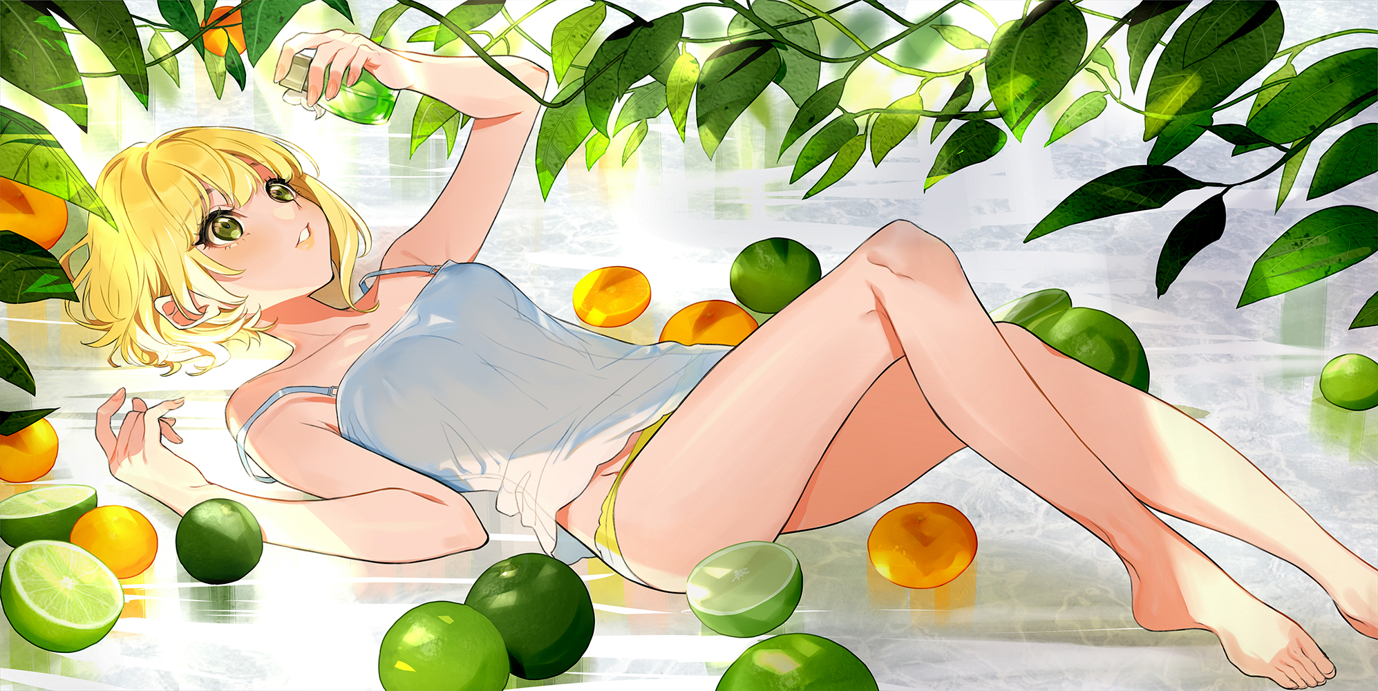 Yellow Hair Yellow Eyes Apples Leaves Laying On Back White Tank Top Anime 1994x1000