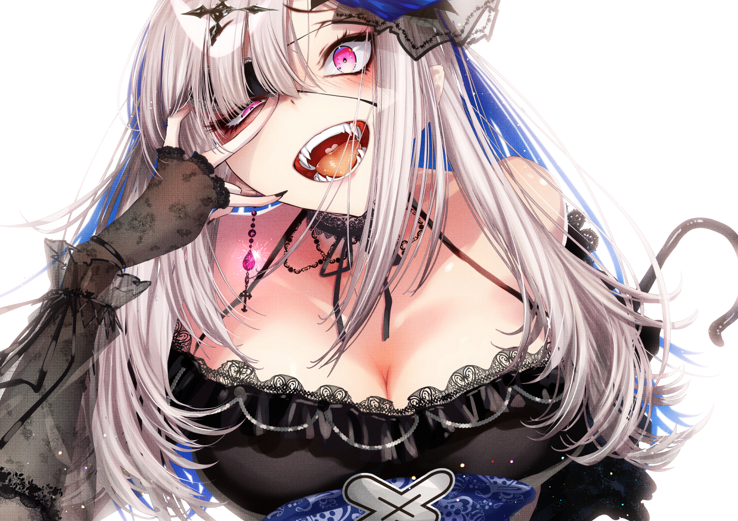 Nijisanji Sukoya Kana Blush Open Mouth Pink Eyes Long Hair Gray Hair Cross Elbow Gloves Eyepatches F 1505x1063