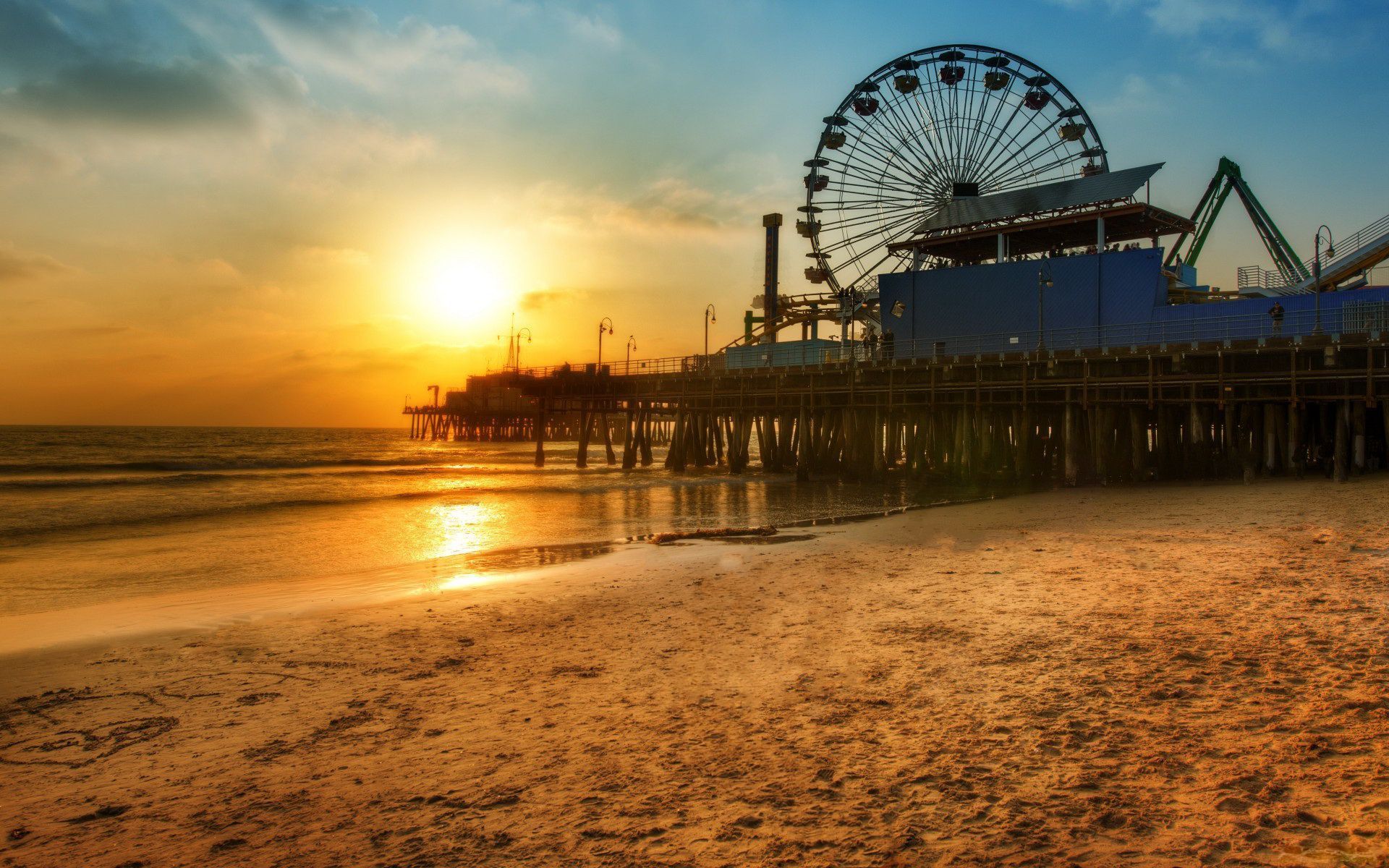 Beach Dock Ferris Wheel Los Angeles Santa Monica Pier Sunset Wheel 1920x1200