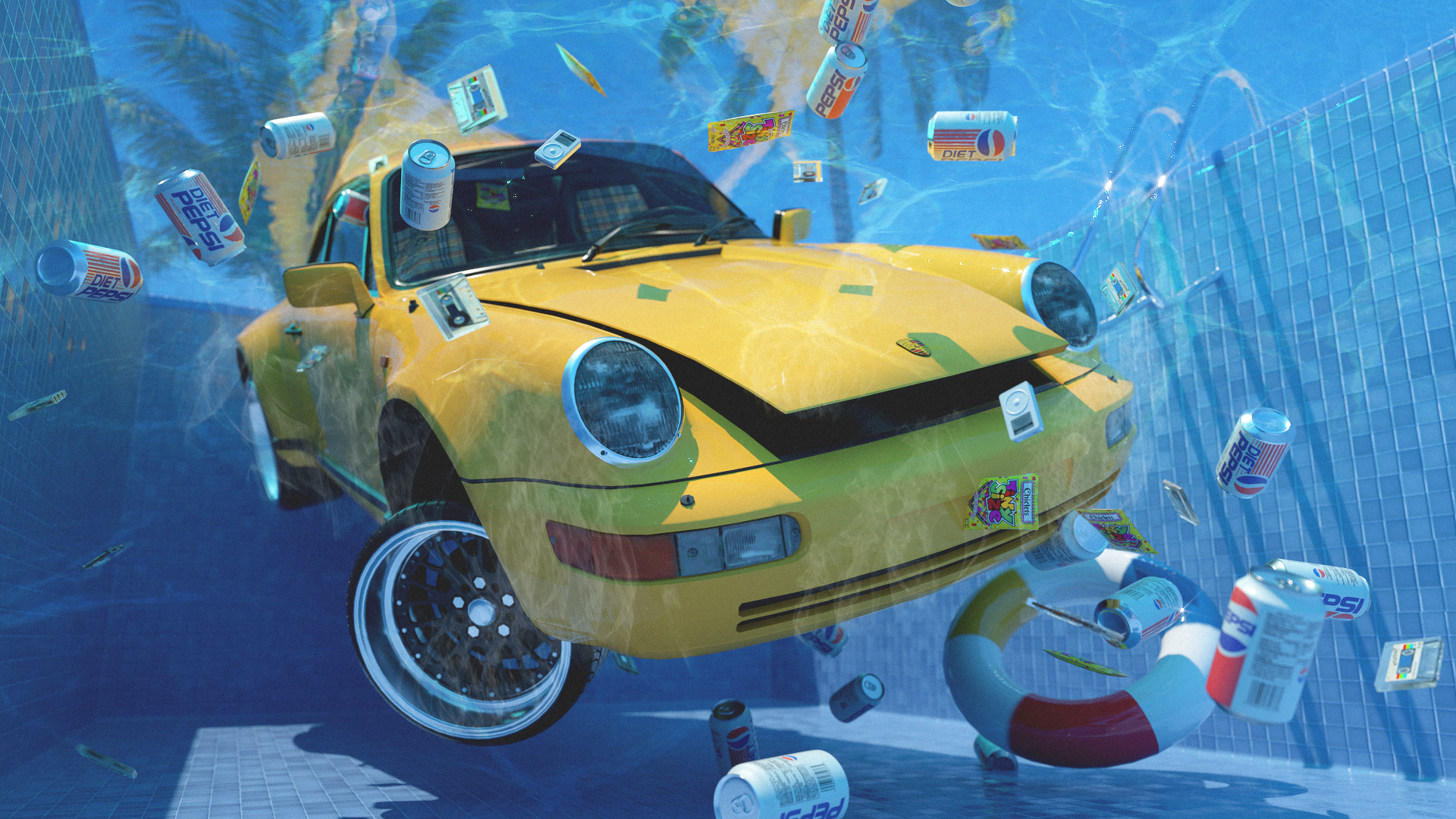 Artwork Digital Can Car Underwater Sinking Porsche Pepsi 1920x1080