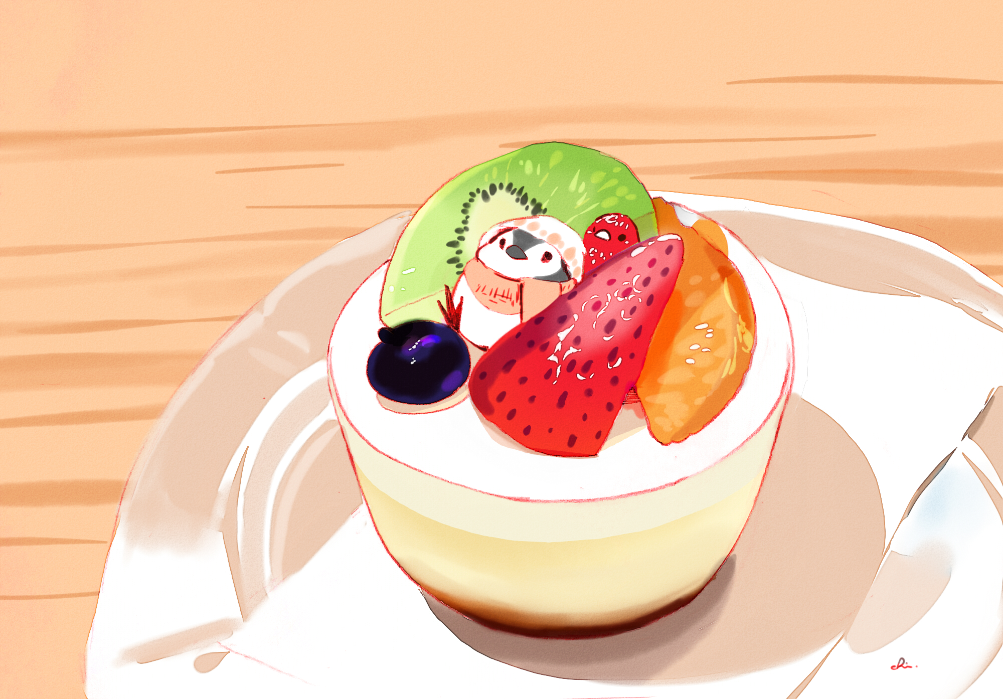 Original Characters Drawingchisanne Simple Background Food Digital Art Penguin Pudding Strawberries 2000x1394