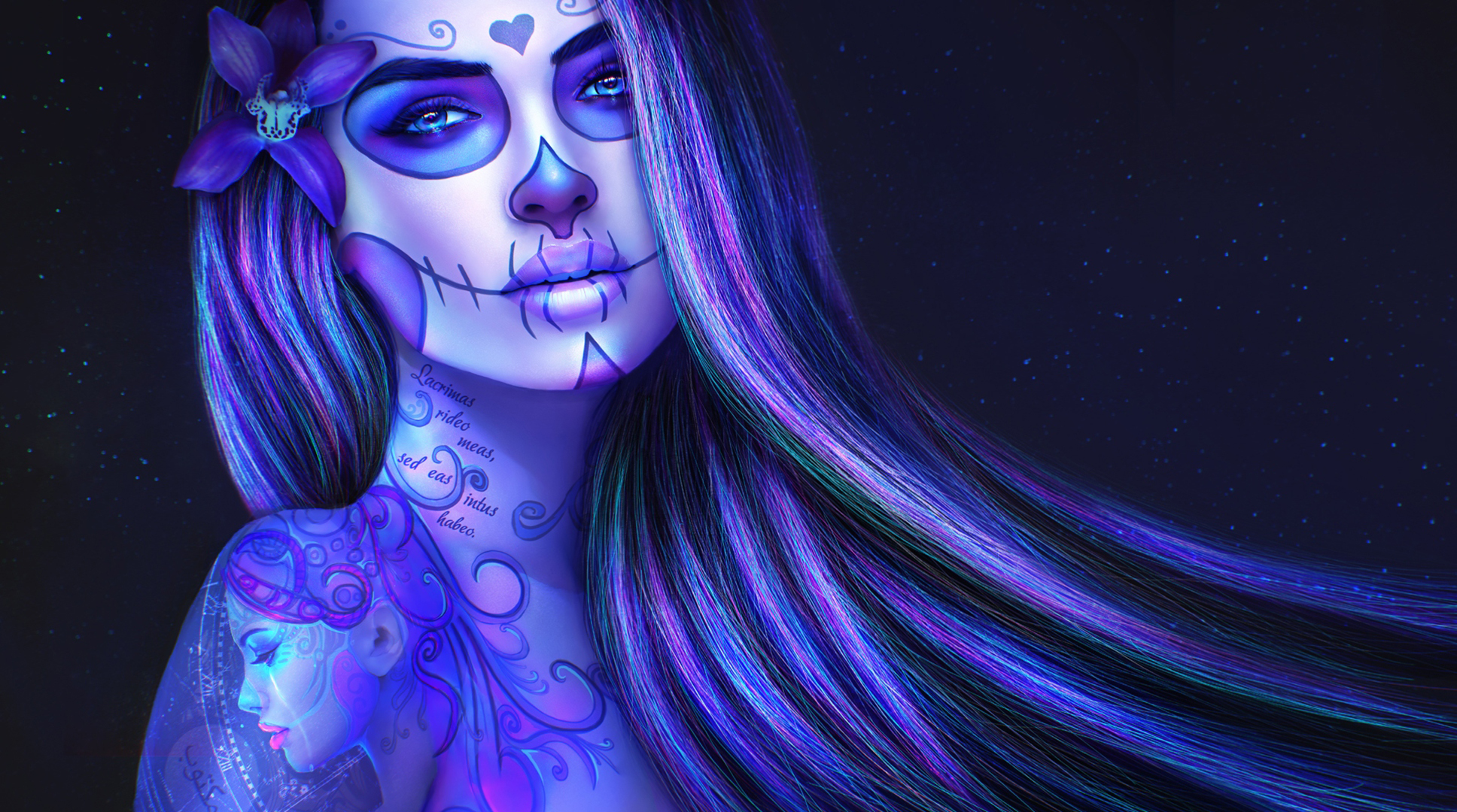 Woman Tattoo Day Of The Dead Purple Sugar Skull 1936x1080