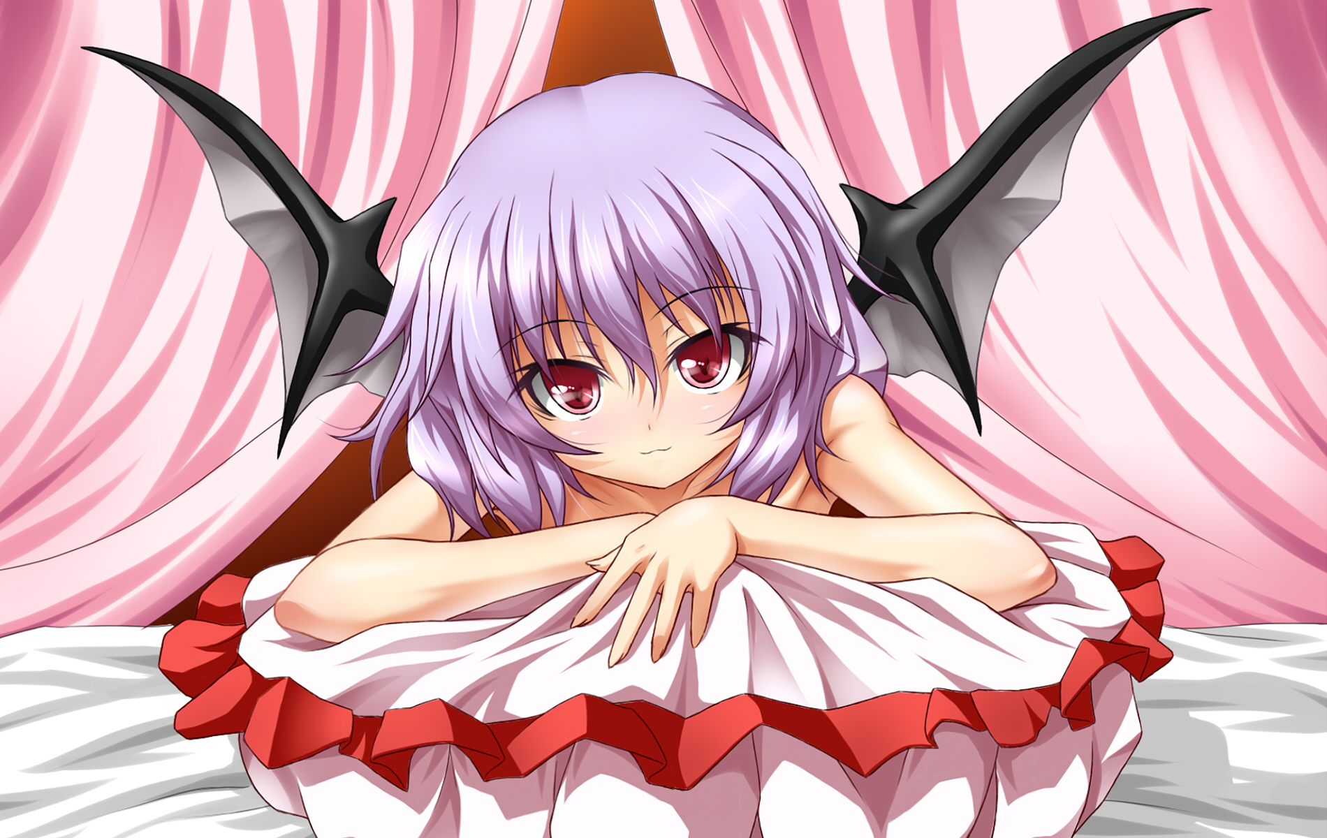 Remilia Scarlet Touhou Short Hair Purple Hair Red Eyes Blush Wings Pillow Curtain Bed 1900x1200