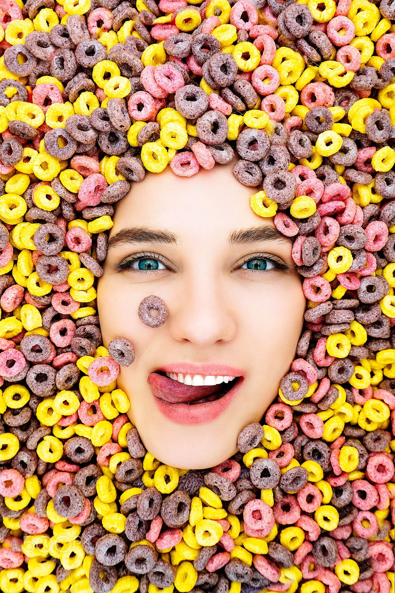 Daria Klepikova Women Food Cereal Portrait Blue Eyes Tongue Out Makeup Colorful 1334x2000
