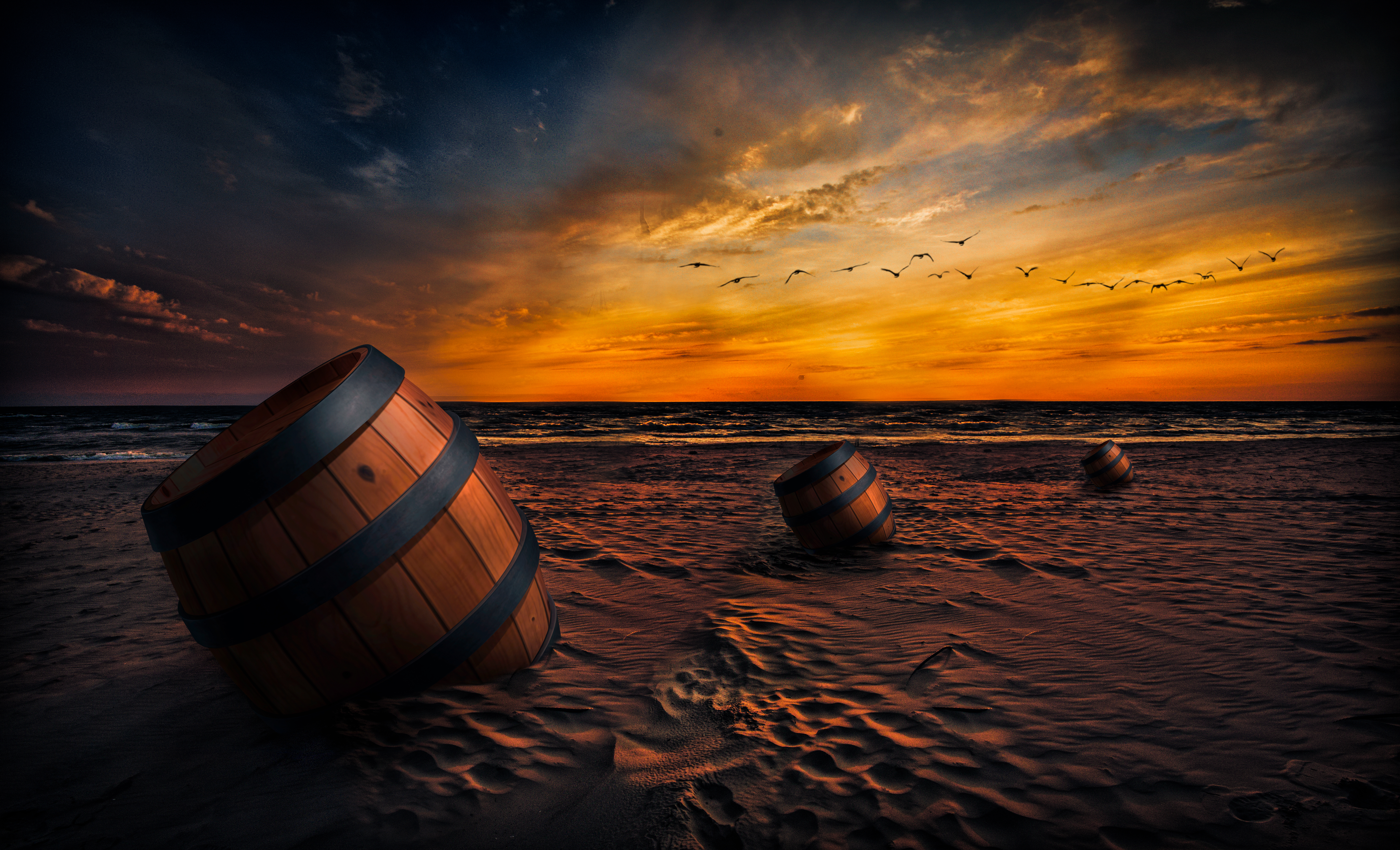 Barrel Beach Bird Horizon Manipulation Sand Sky Sunset 6008x3648