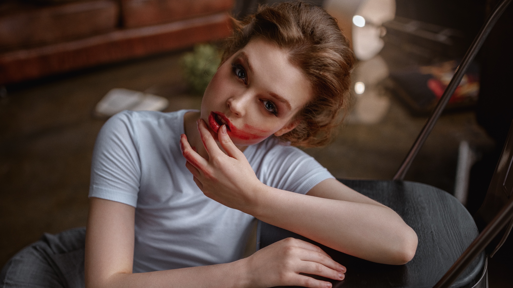 Olya Pushkina Women Model Brunette Looking At Viewer Portrait Lipstick Red Lipstick Finger On Lips T 2000x1125