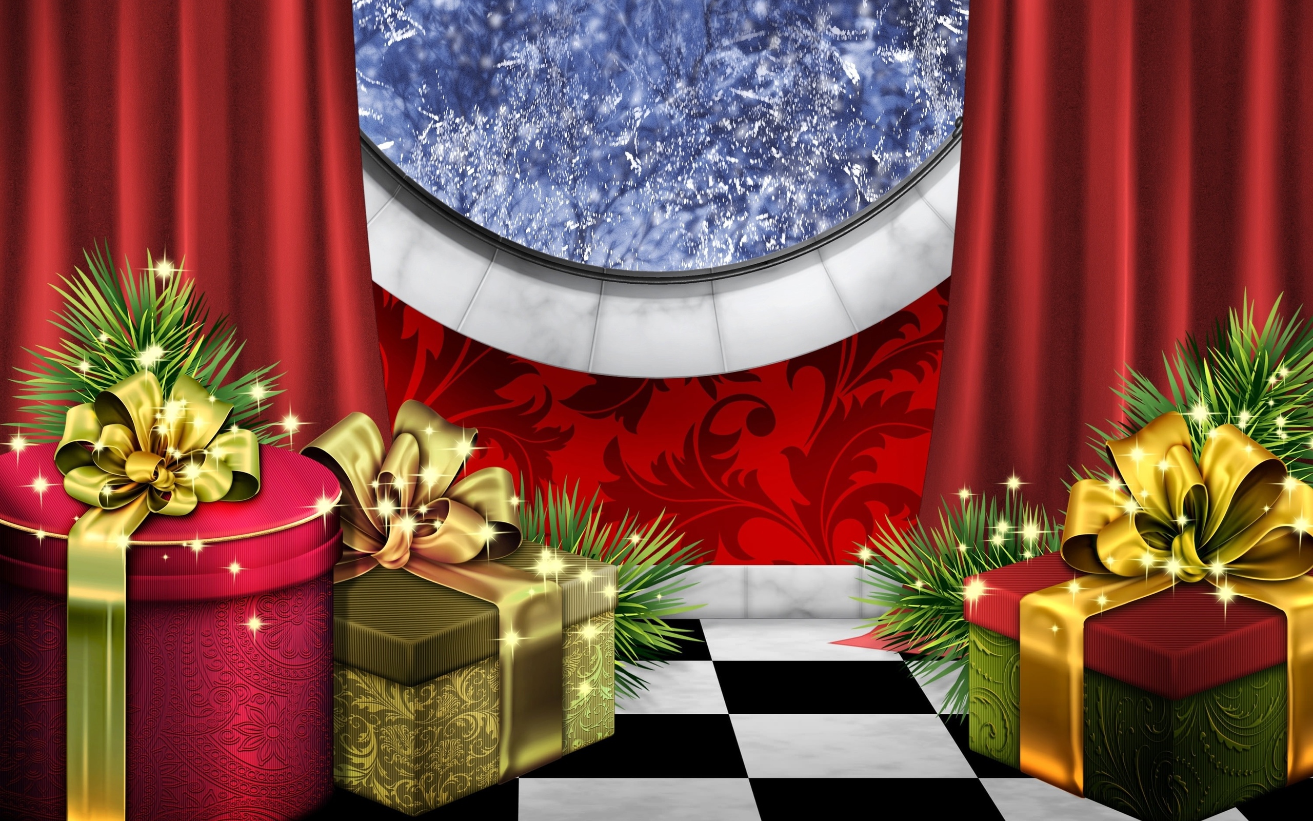 Holiday Christmas Gift Sparkles Window Curtain 2560x1600