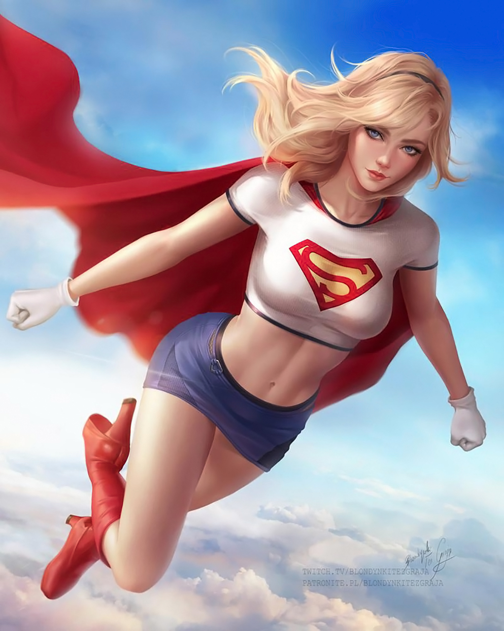 Blondynki Te Graj Drawing DC Comics Women Supergirl Flying Blonde Cape High Heels Gloves Sky Blue Ey 1023x1280