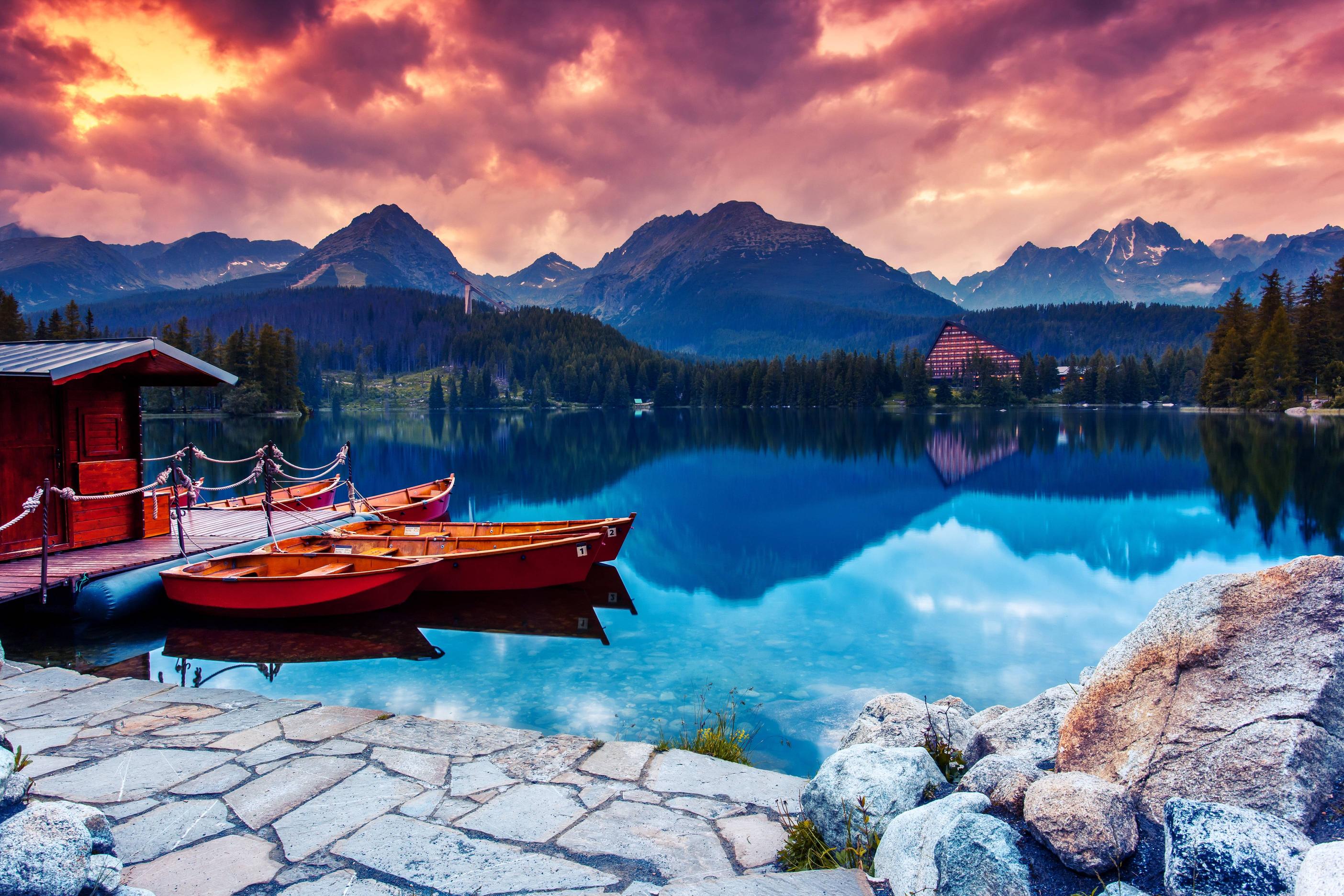 Boat Canoe Lake Mountain Slovakia Sunset Vehicle 2808x1872