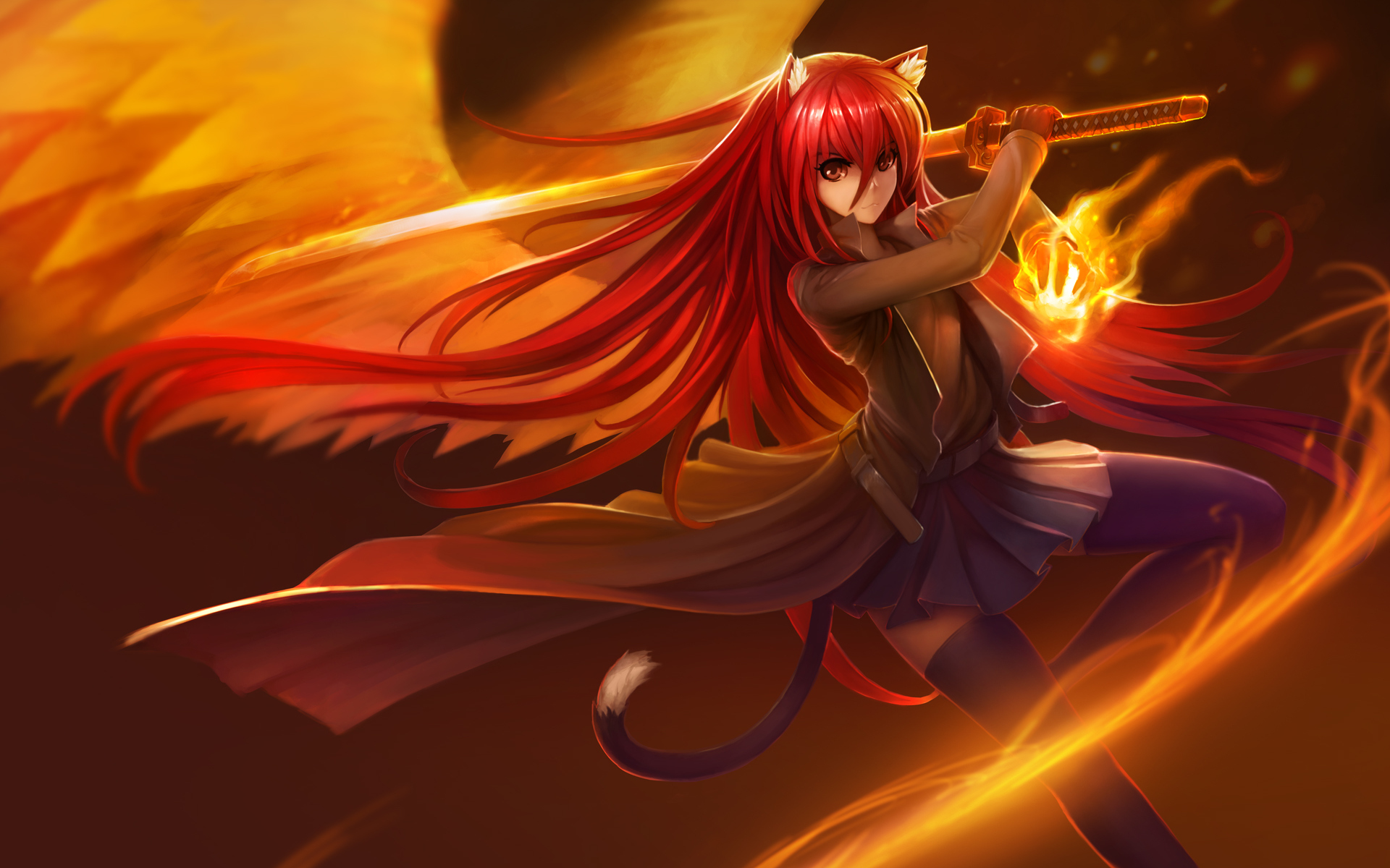 Shakugan No Shana Shana Shakugan No Shana Animal Ears Pantyhose Tail Skirt Flame Wings Red Eyes Long 1920x1200