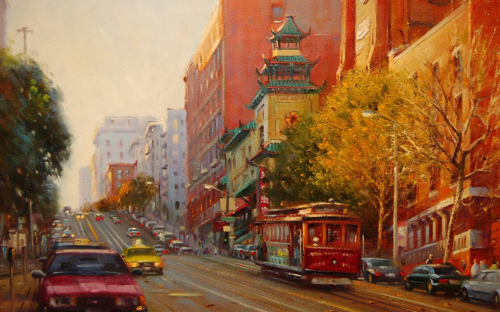 Artistic Painting City San Francisco House Car Fall Tram 1920x1200