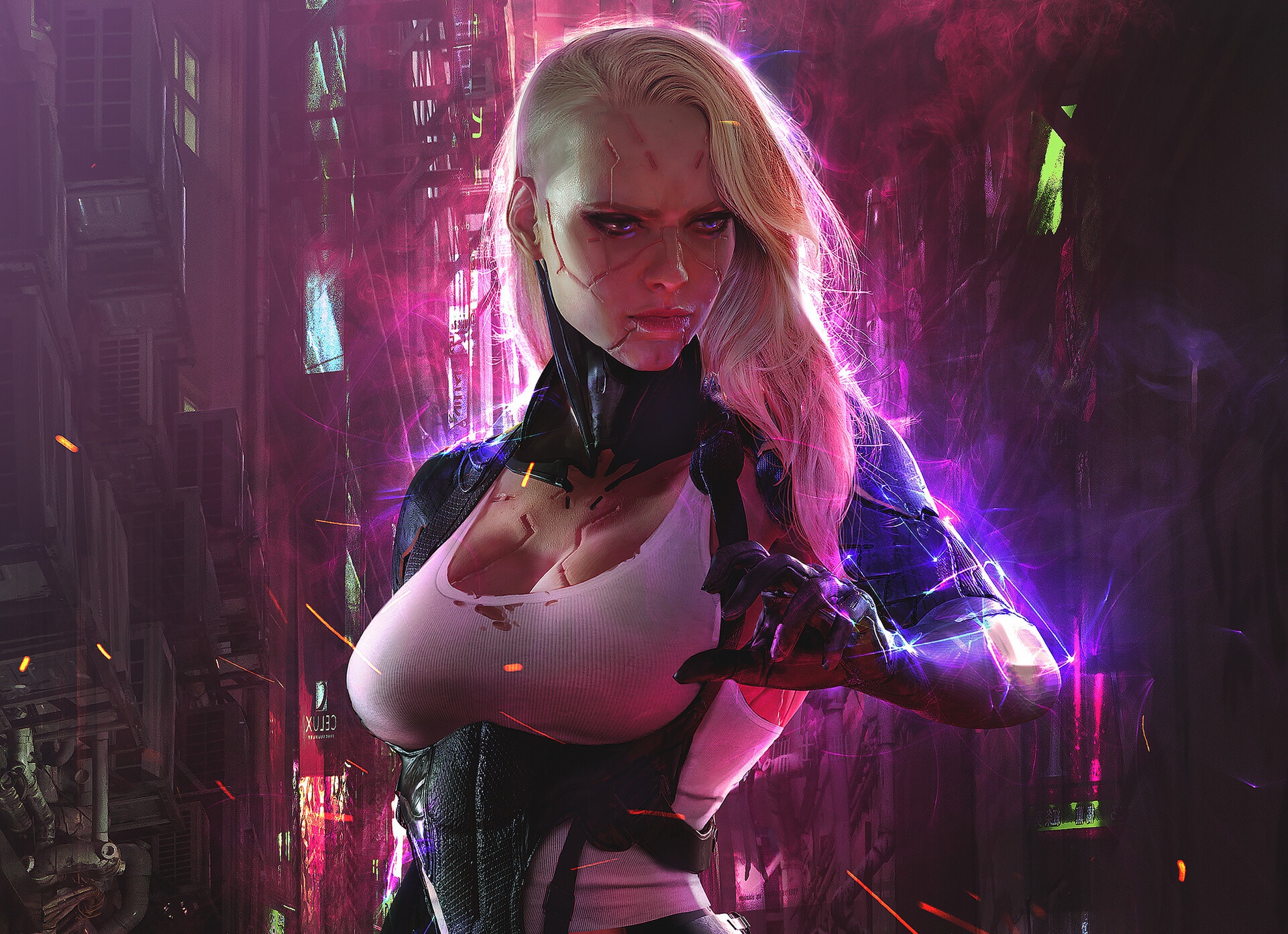 Cyborg Cyberpunk Science Fiction Futuristic Women Blonde Purple Eyes Fantasy Art Fantasy Girl Artwor 1920x1392