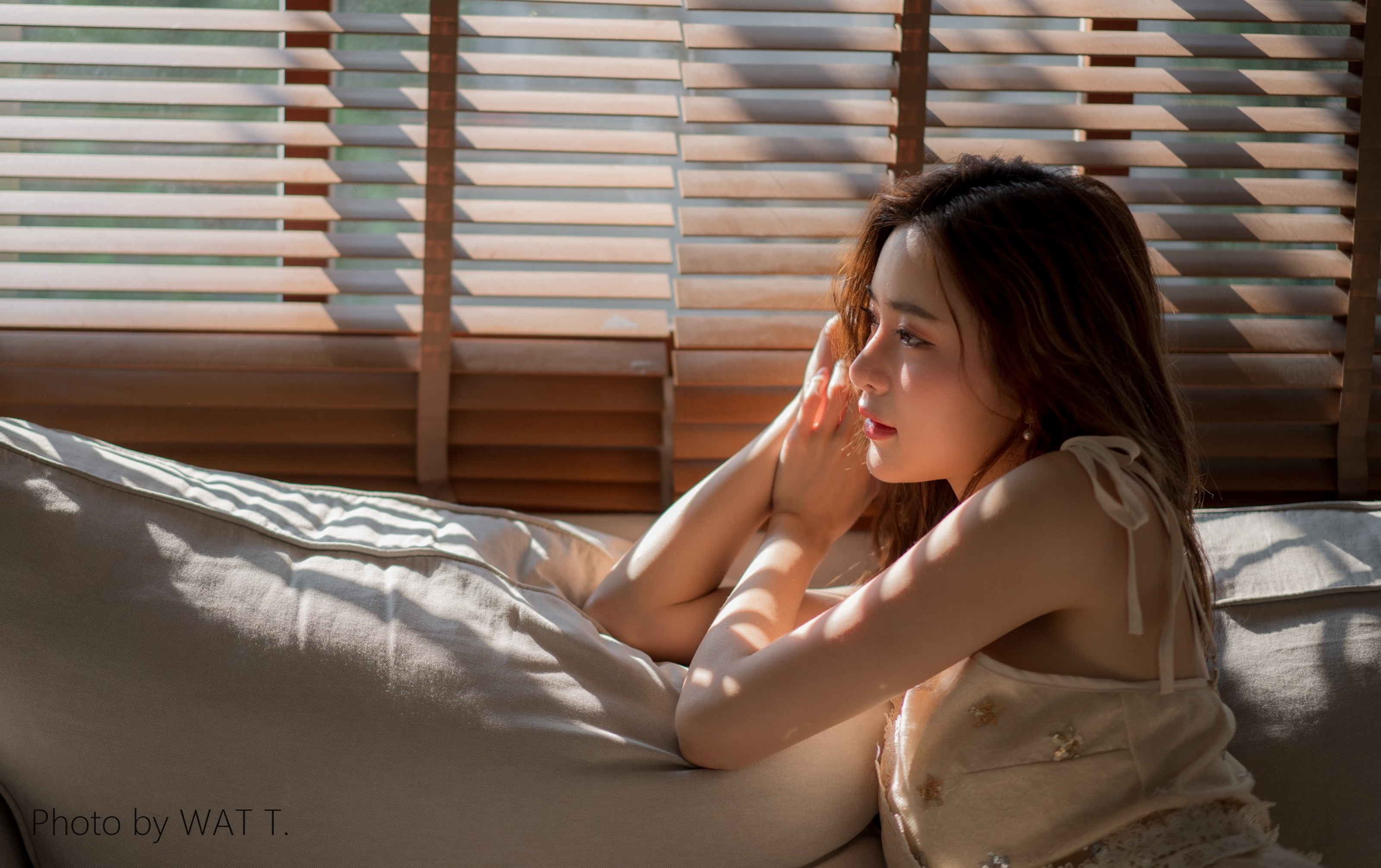 Asian Model Women Long Hair Brunette Leaning Pillow Blinds Dress 3200x2011