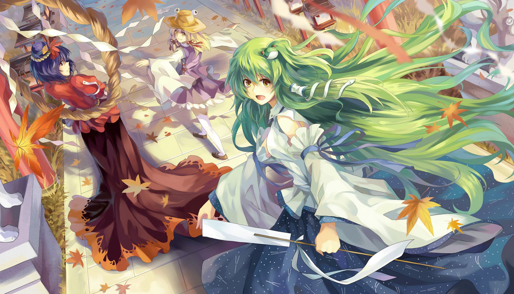 Anime Blonde Flandre Scarlet Green Hair Japanese Clothes Kanako Yasaka Long Hair Purple Hair Sanae K 2000x1145