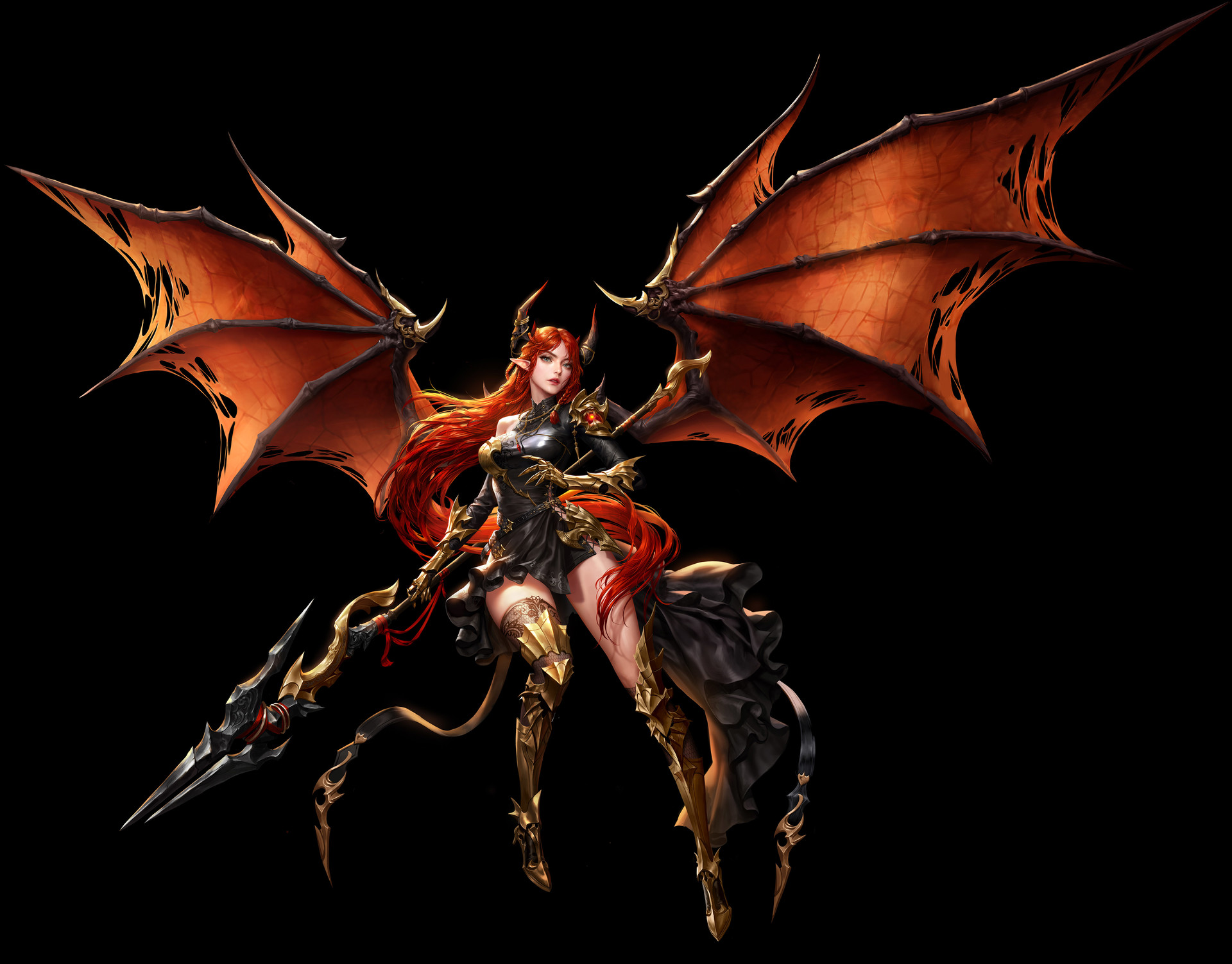 Jungmin Jin Drawing Women Wings Warrior Weapon Tail Redhead Long Hair Flying Simple Background Black 1920x1503