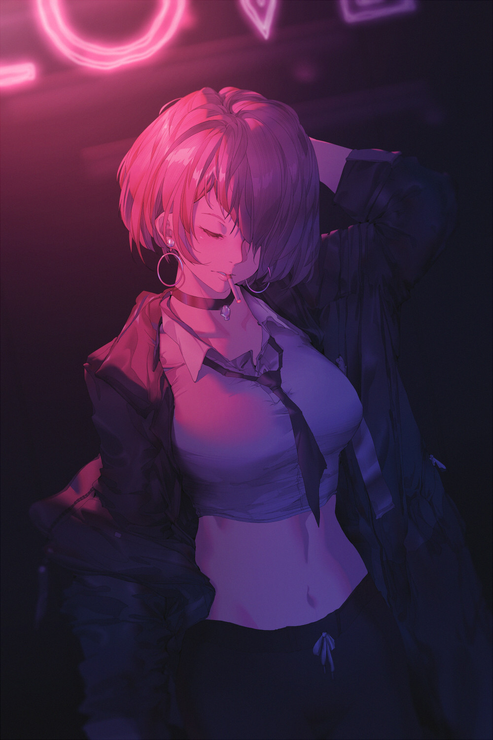 Neon Choker Short Hair Arms Up Tie Earring Jacket Anime Necktie Smoking Cigarettes Hand On Head Clos 1000x1500