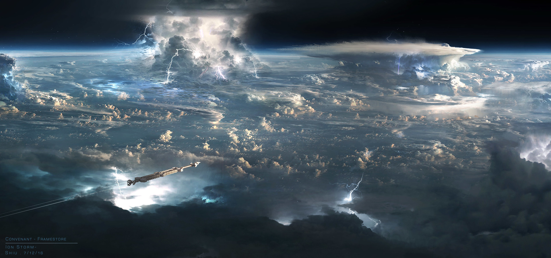 Digital Art Fantasy Art Spaceship Clouds Storm Lightning Emmanuel Shiu Space Alien Covenant Fan Art 1920x901
