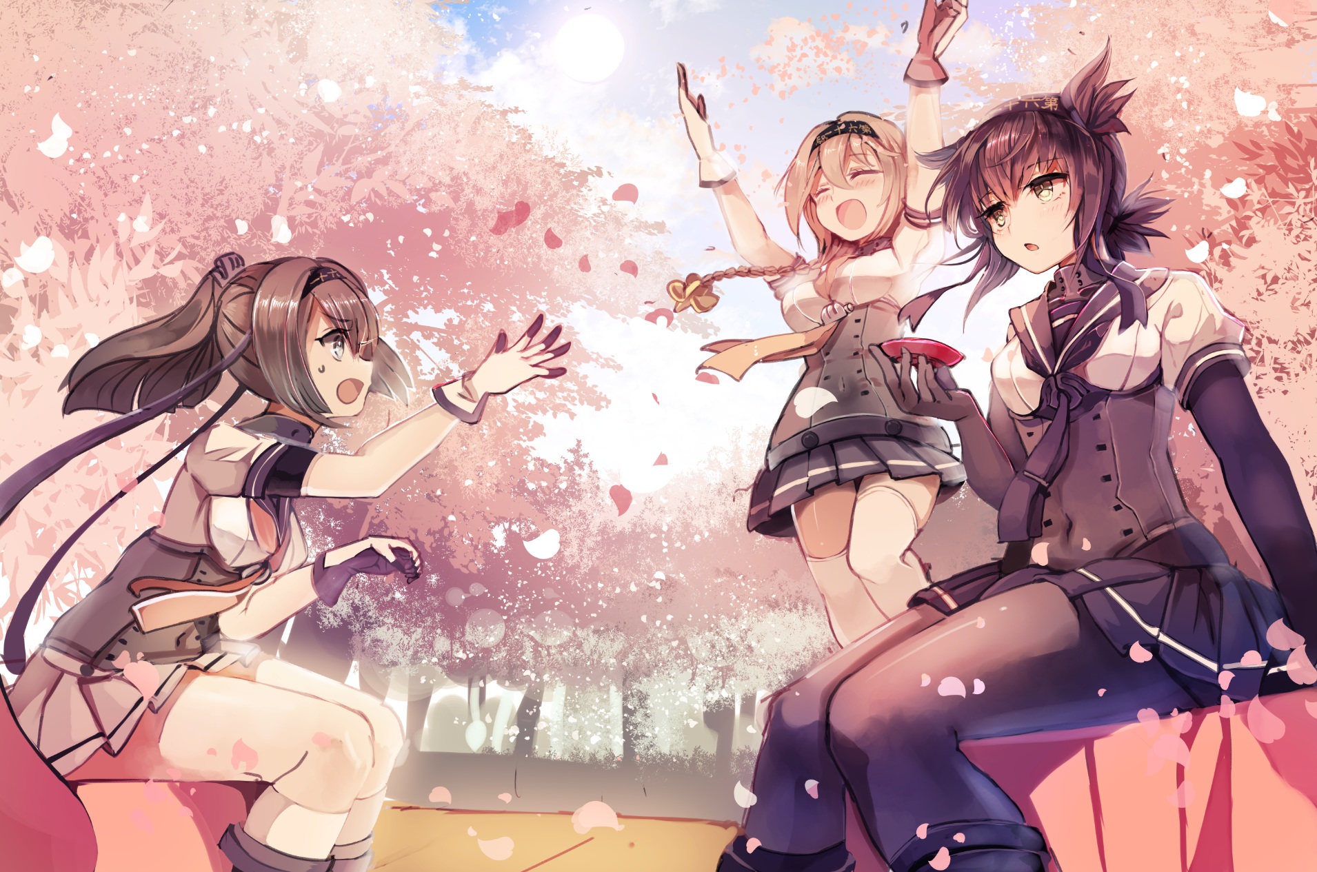 Akizuki Kancolle Blue Eyes Blush Braid Brown Hair Cherry Blossom Girl Glove Hatsuzuki Kancolle Kanta 1910x1265