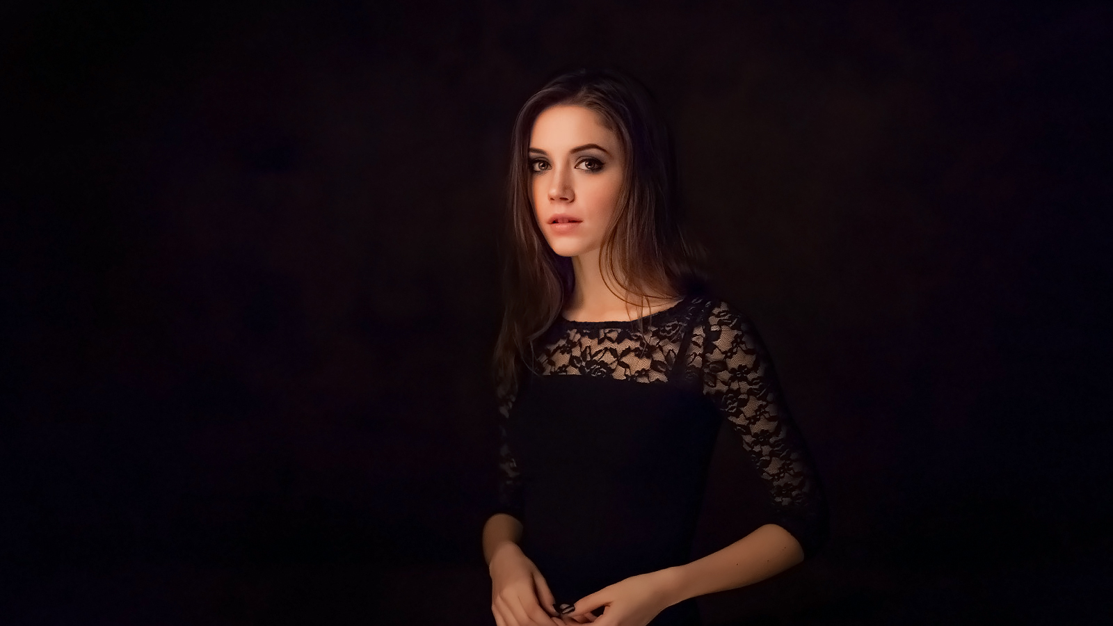 Dmitriy Korneev Women Ksenia Kokoreva Brunette Long Hair Makeup Looking At Viewer Dress Black Clothi 1600x900