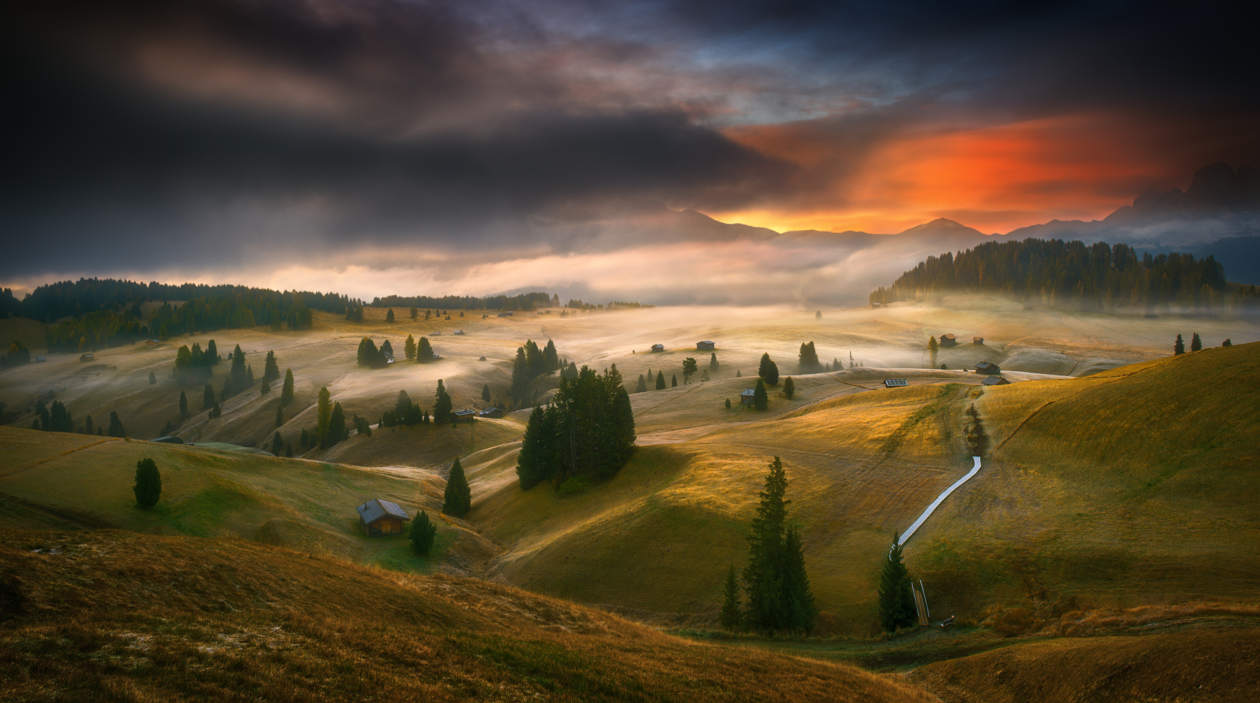 Krzysztof Browko Landscape Alps Mist Sunset Red Sky Trees Hill Hut 1793x1000