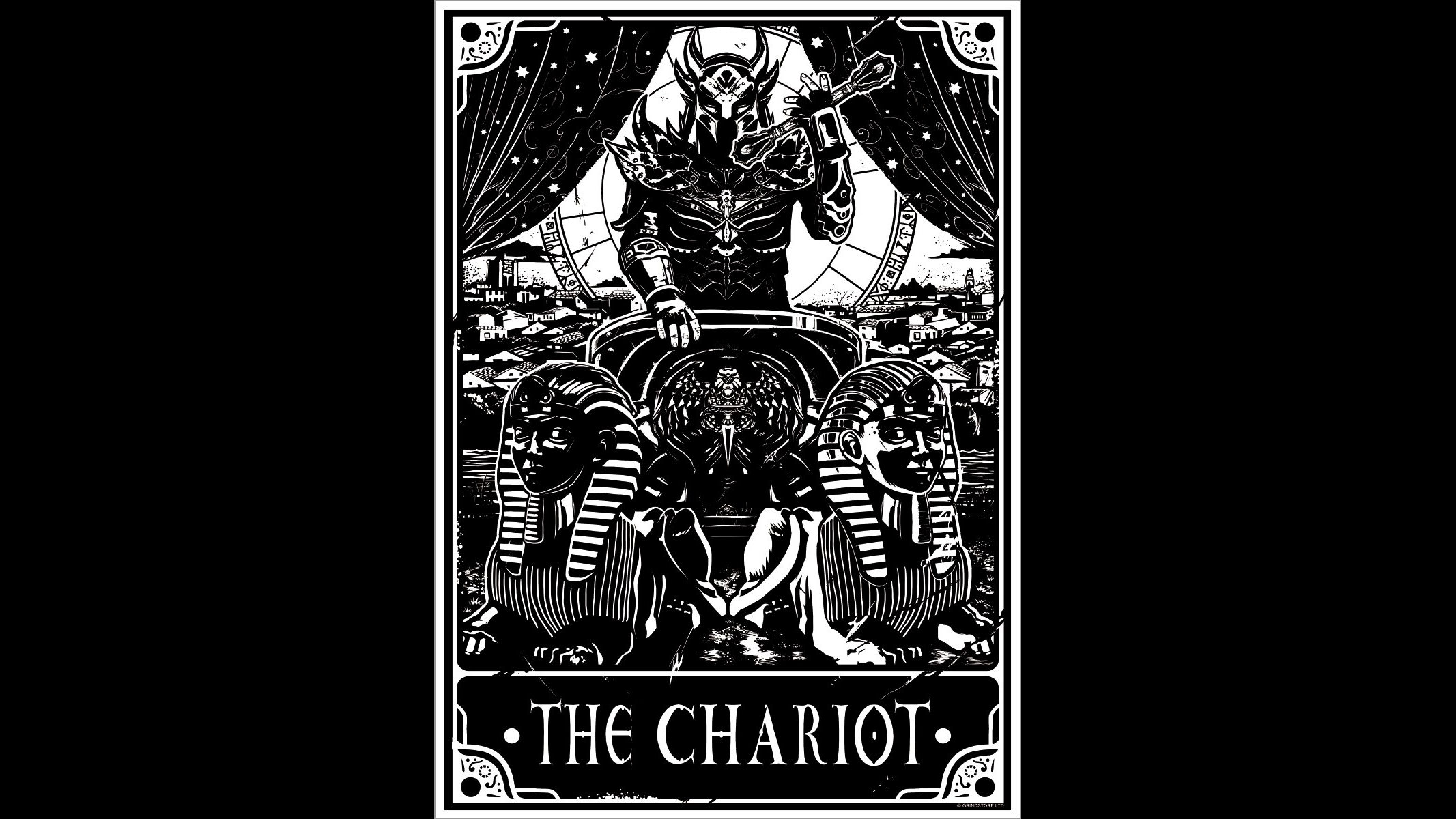 Monochrome Simple Background Occultism Tarot Chariot Sphinx Helmet Text City 2133x1200