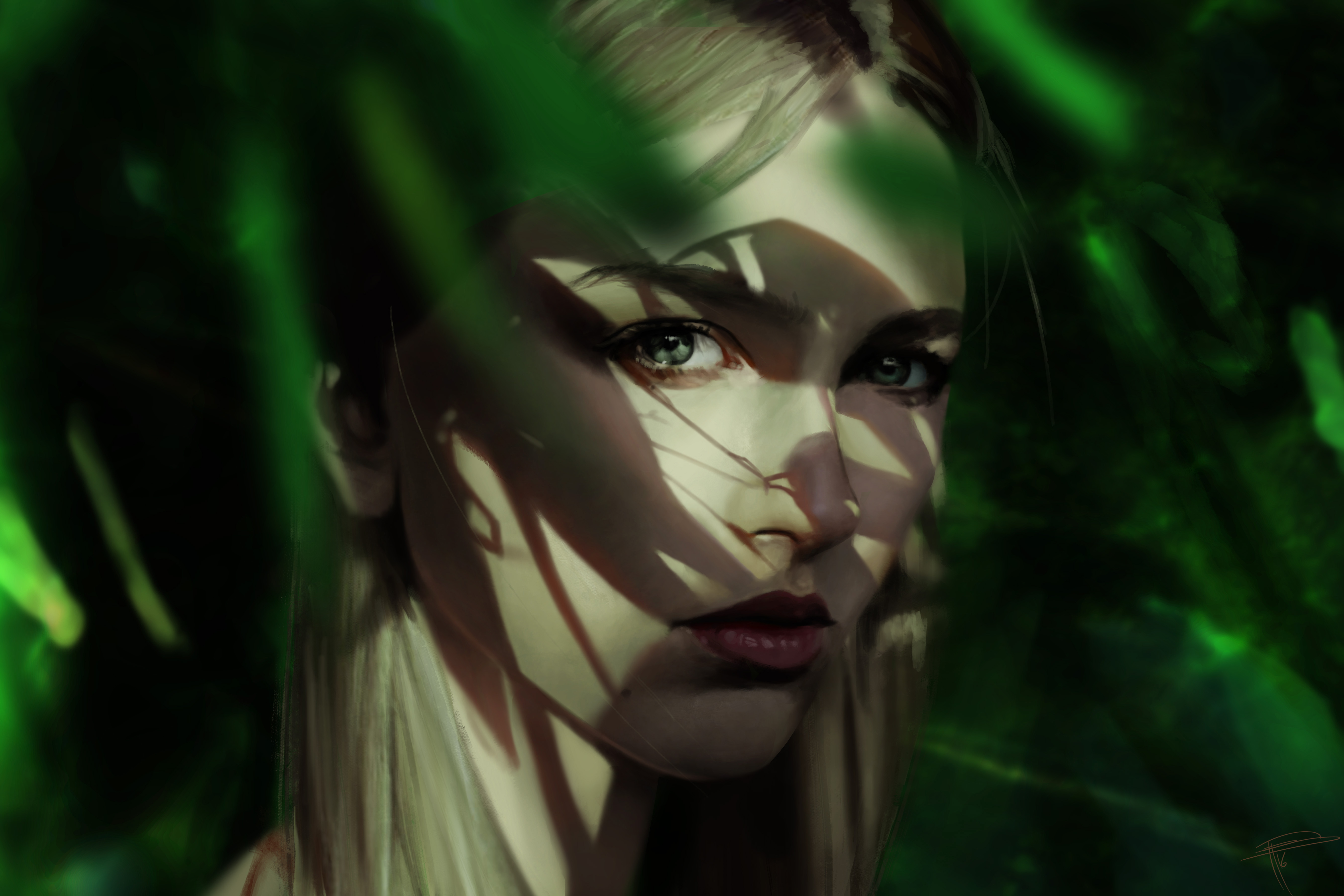 Blonde Face Girl Green Eyes Painting Portrait Woman 5400x3600