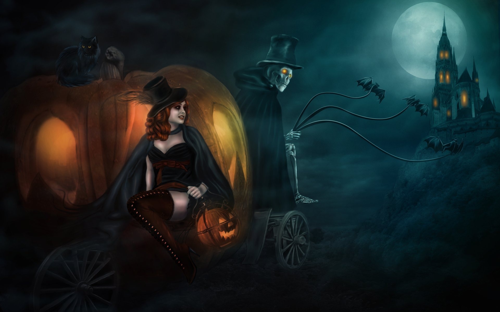 Bat Carriage Castle Dark Halloween Jack O 039 Lantern Moon Pumpkin Red Hair Skeleton Top Hat 1920x1200