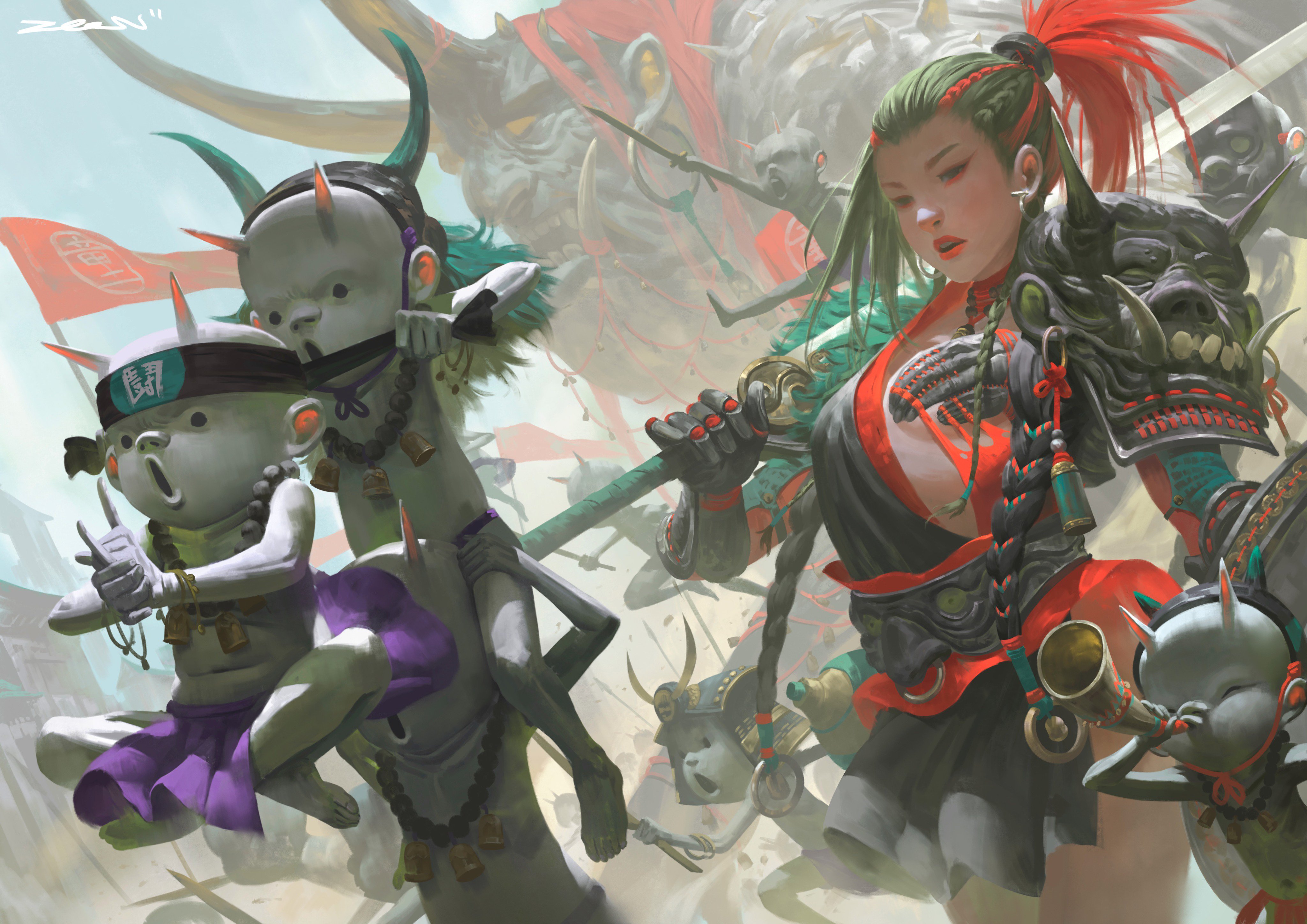 Women Warrior Girls Samurai Fantasy Girl Demon Armor Sword Weapon Fantasy Art 2D Illustration Drawin 4096x2896