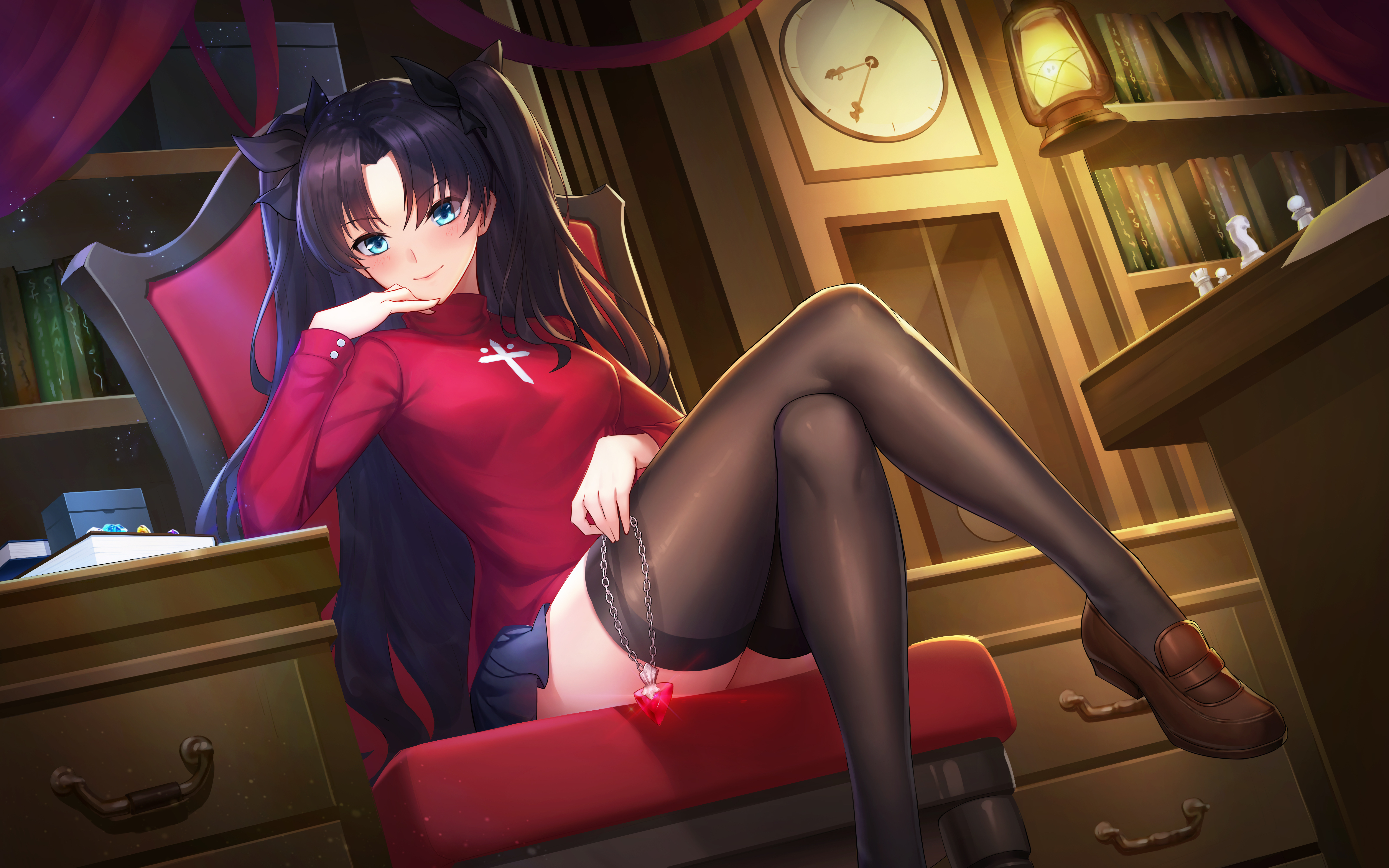 Long Hair Black Hair Tohsaka Rin Anime Blue Hair Black Socks Smiling Red Shirt Clocks Curtain Jewel  6400x4000