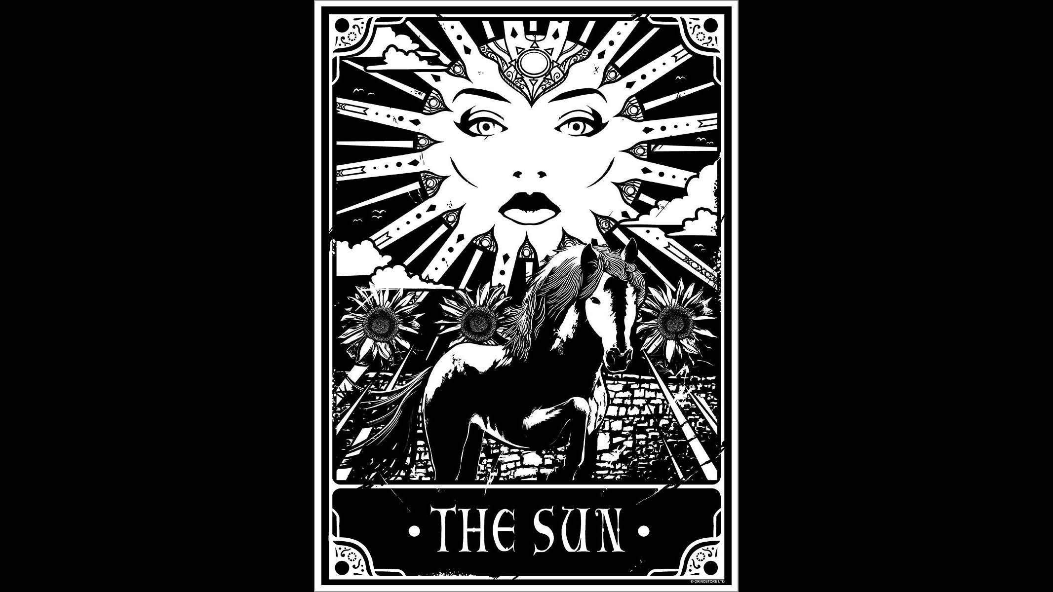 Monochrome Simple Background Occultism Tarot Sun Face Horse Sun Flower Text 2133x1200