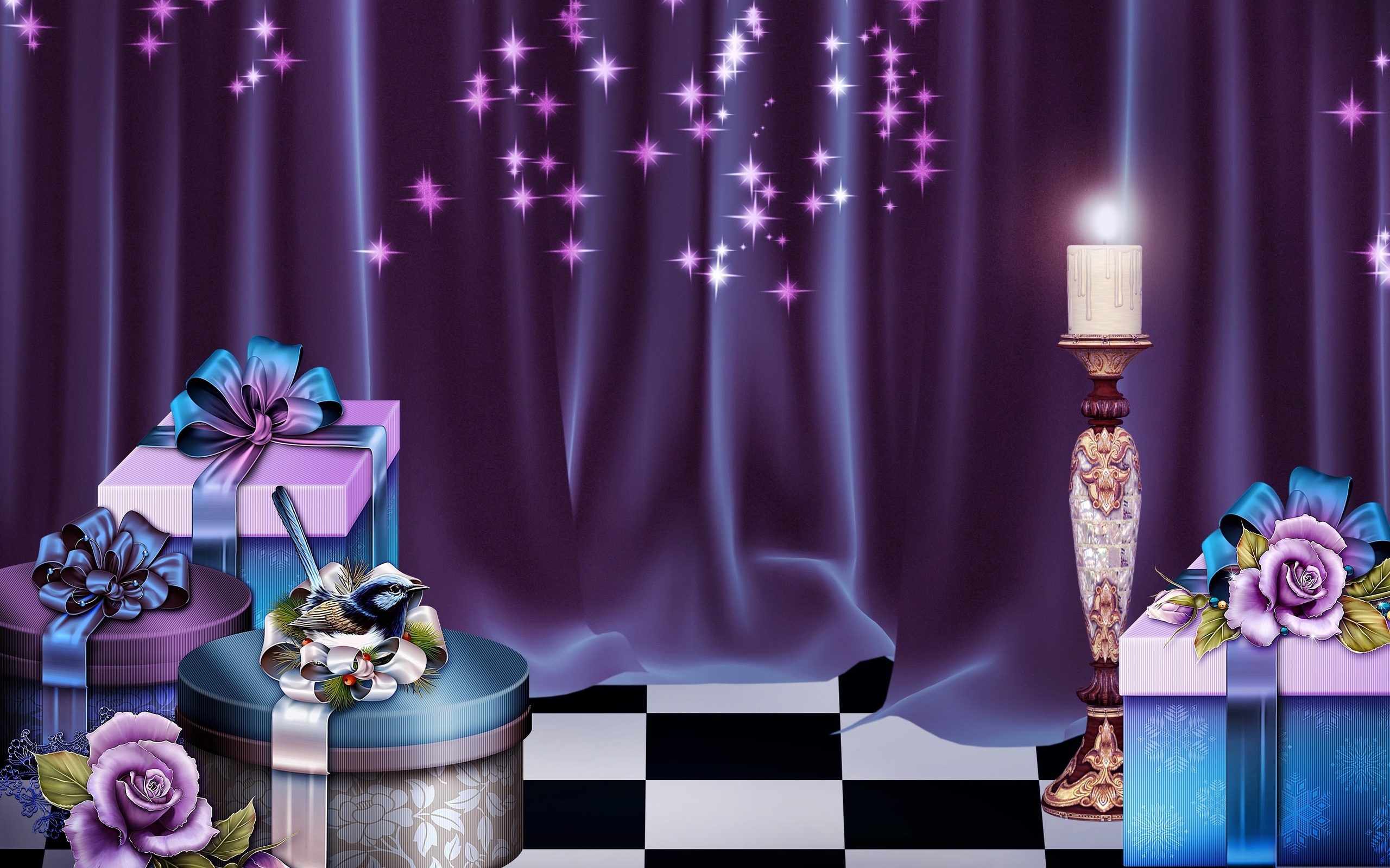 Blue Candle Christmas Curtain Gift Holiday Purple 2560x1600