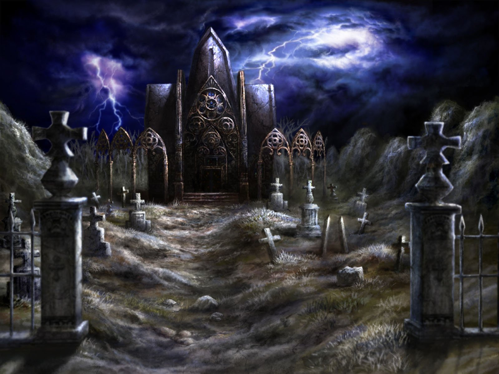 Cemetery Dark Graveyard Lightning Night Storm Tombstone 1600x1200