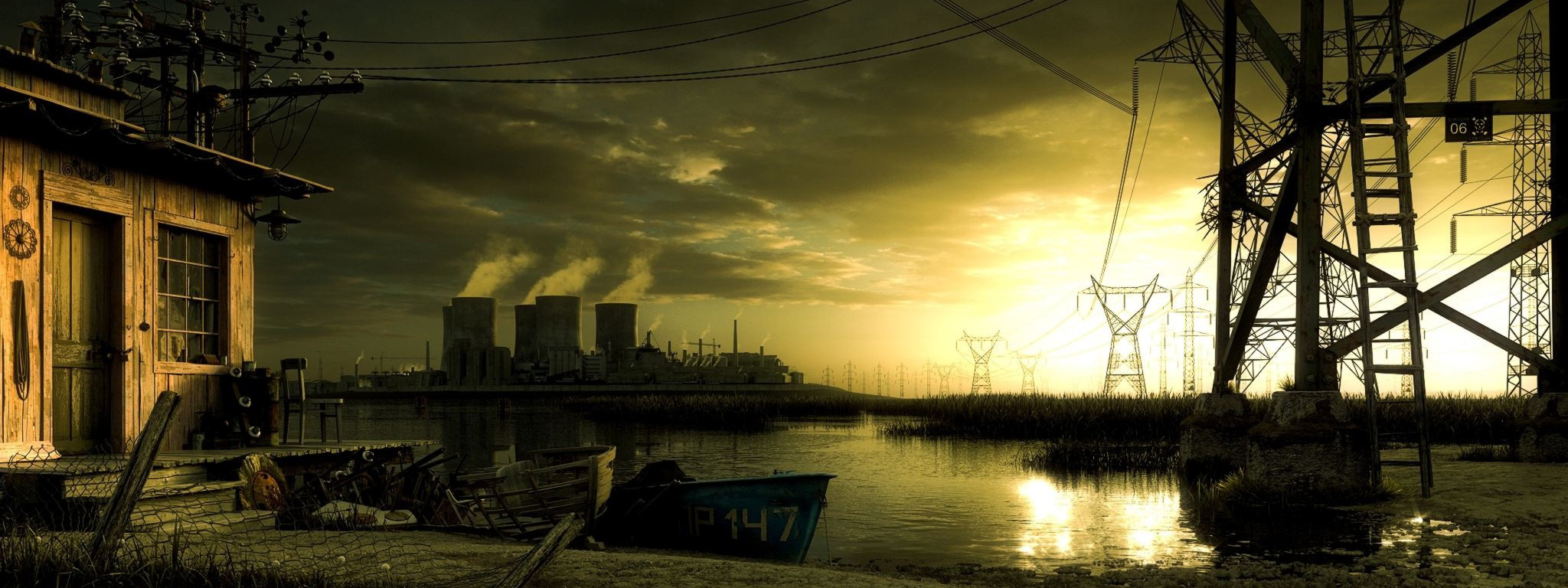 Power Plant Sky Sun Water 2048x768