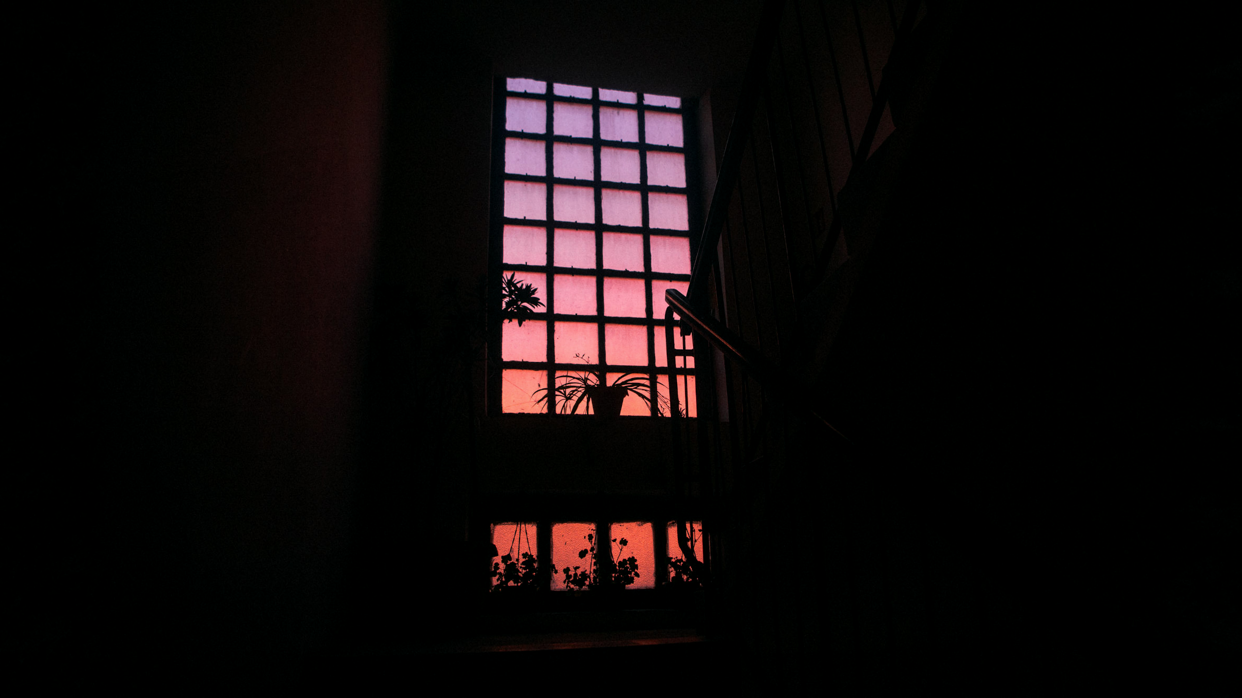 Dark Window Stairs Indoors Interior Purple Sky 2560x1440