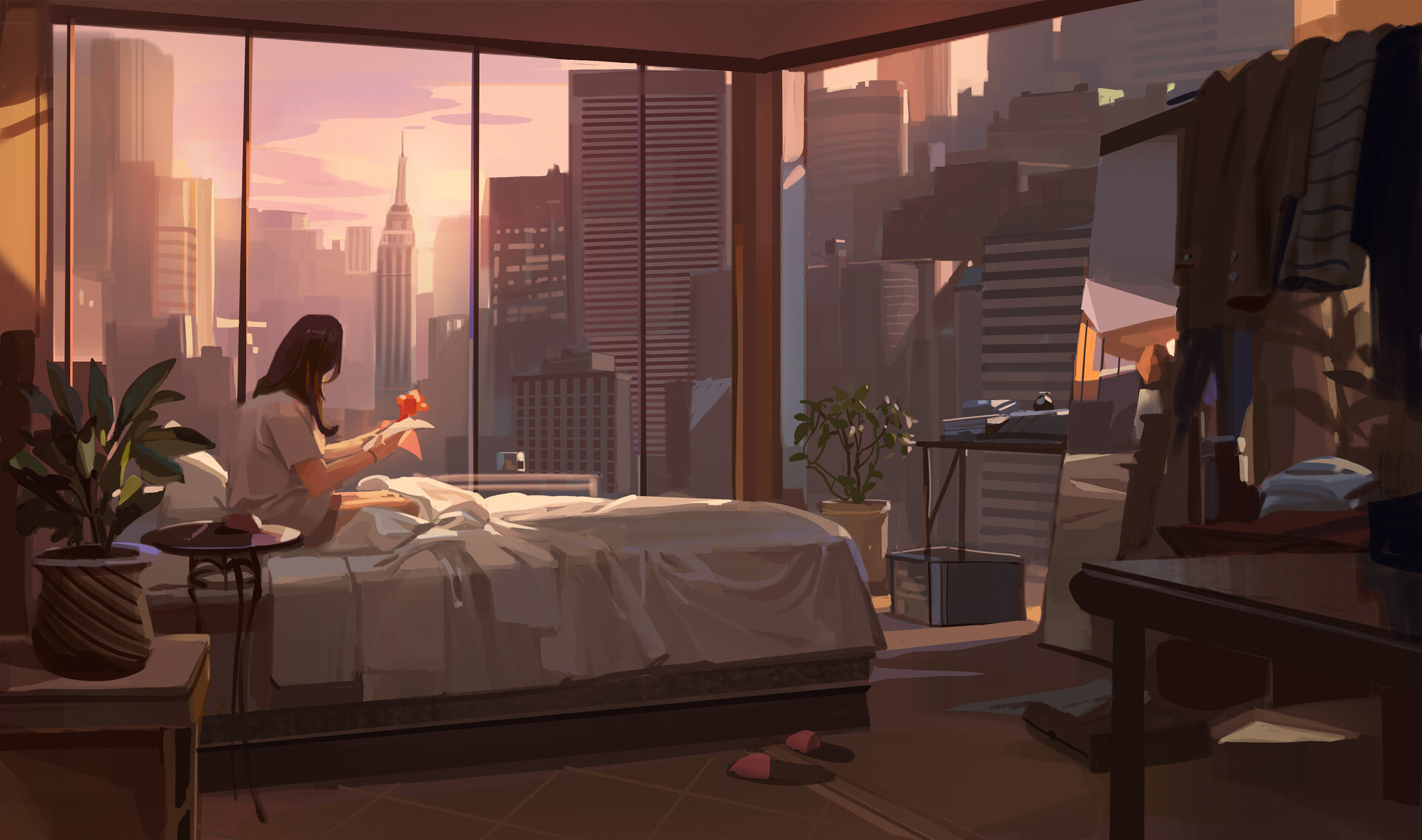 Lee Su Yeon ArtStation Artwork Digital Art Cityscape Slippers Apartment Clothes Plants 1920x1135