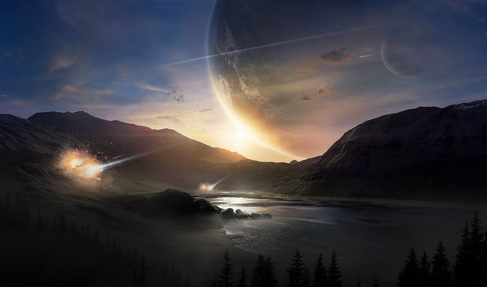 Planet Landscape Science Fiction Meteorite Trees Water Mist Sky Moon 1600x944