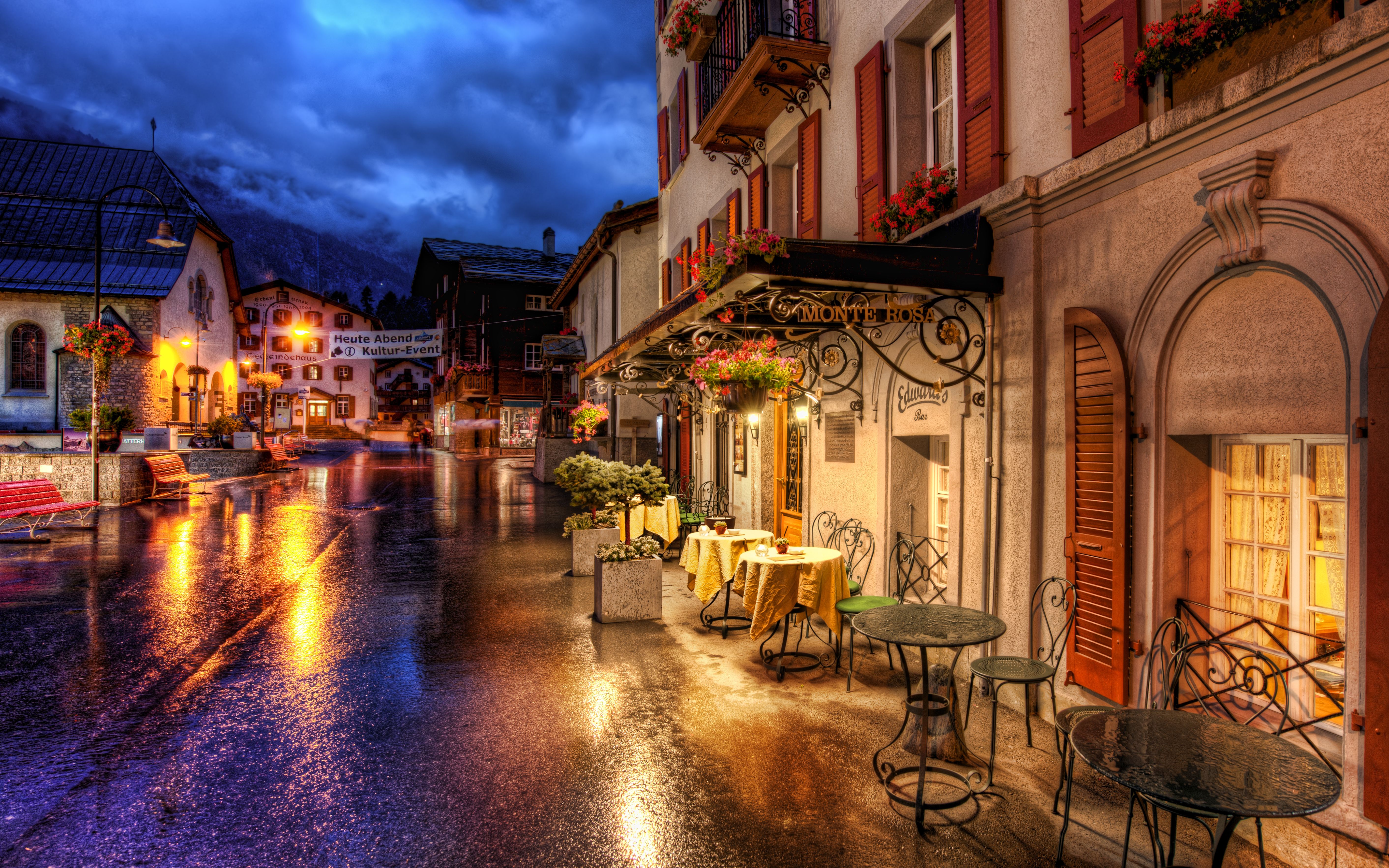 Zermatt Switzerland HDR Road Town Building Street Cafe Night 5651x3532