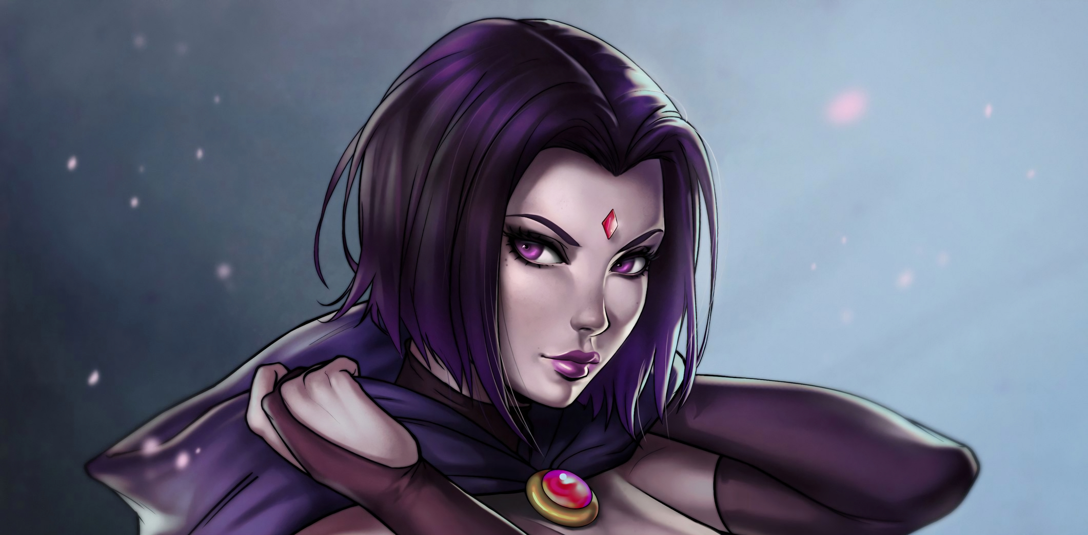 Raven DC Comics Girl DC Comics Teen Titans Purple Hair Purple Eyes Hood 2121x1043