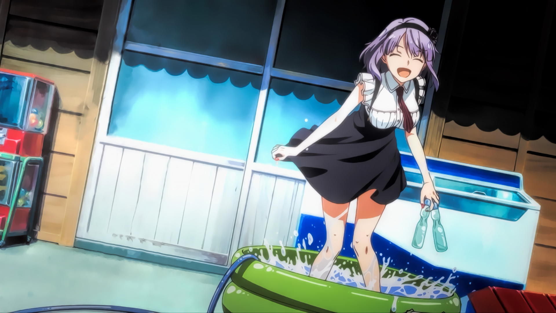 Anime Bottle Dagashi Kashi Headband Pool Purple Hair Shidare Hotaru Skirt Smile Tie 1920x1080