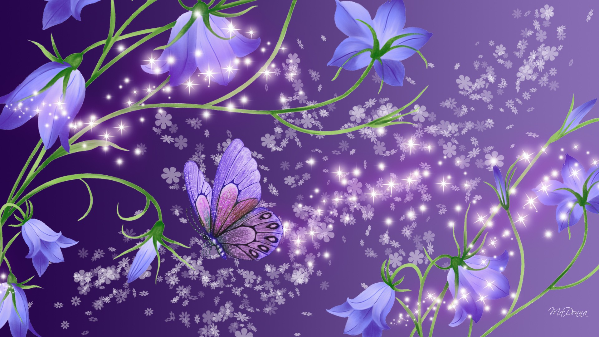 Artistic Flower Bluebell Butterfly Purple Sparkles 1920x1080