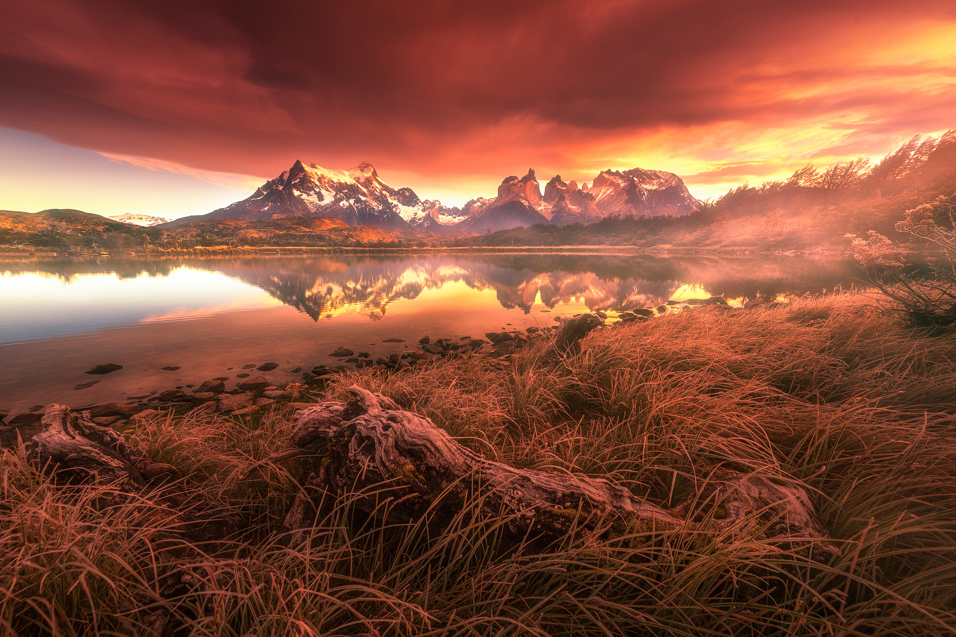 Chile Patagonia Nature Mountain Reflection Lake Cloud Grass Landscape 1920x1280