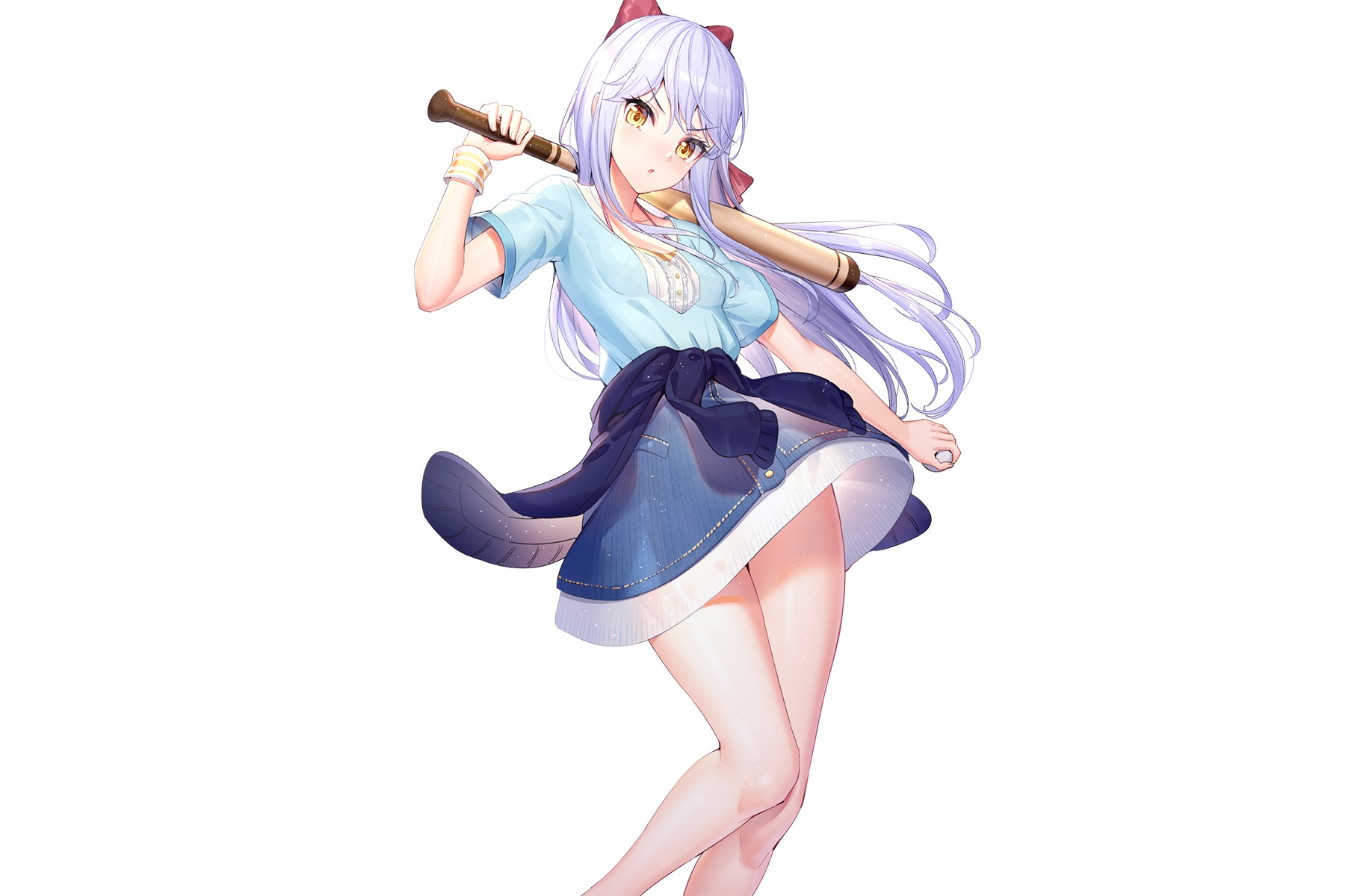 White Baseball Blue Hair Wristwear Bow Long Hair Skirt Anime 1820x1200