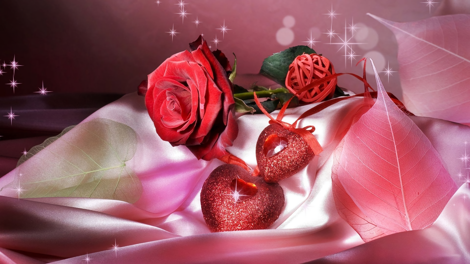 Holiday Valentines Day Rose Heart Jewelry Leaf Sparkles Pink Red Rose 1920x1080