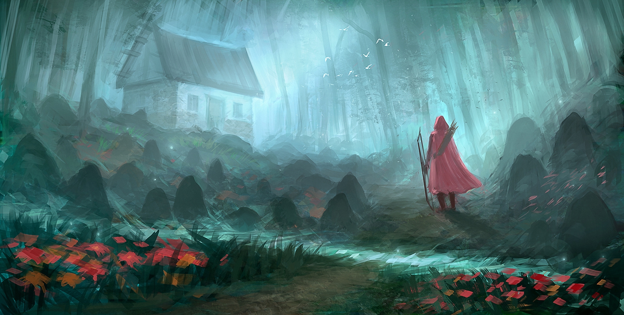 Bow Cape Forest House Red Riding Hood Woman Warrior 2137x1080